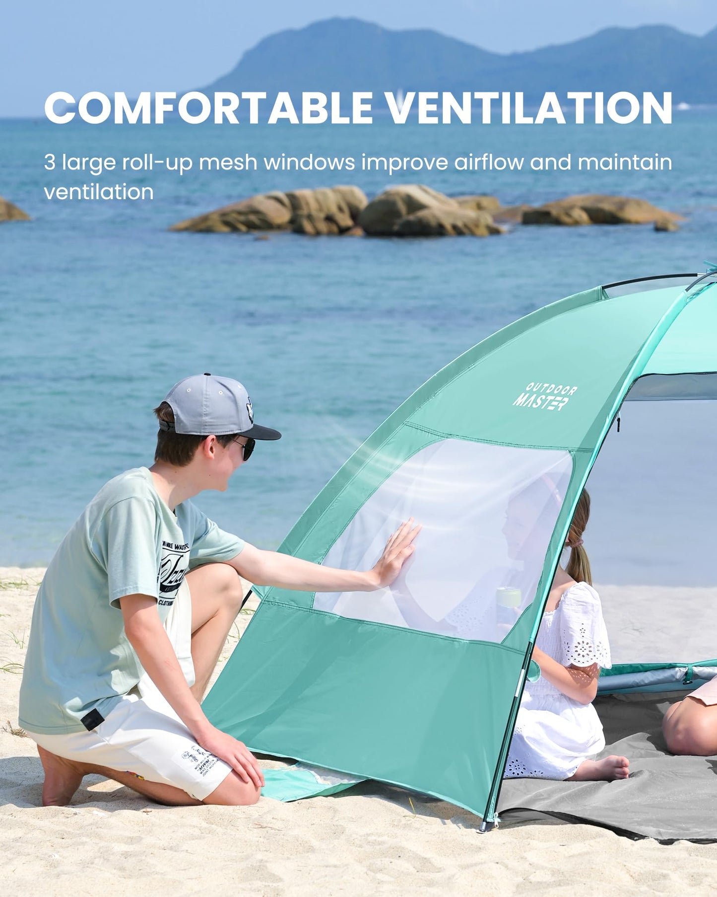 OutdoorMaster Beach Tent for 3/4 Person - Easy Setup Sun Shade Shelter, Portable Beach Shade Sun Canopy with UPF 50+ UV Protection, Removable Skylight Family Size - 3 Person Green