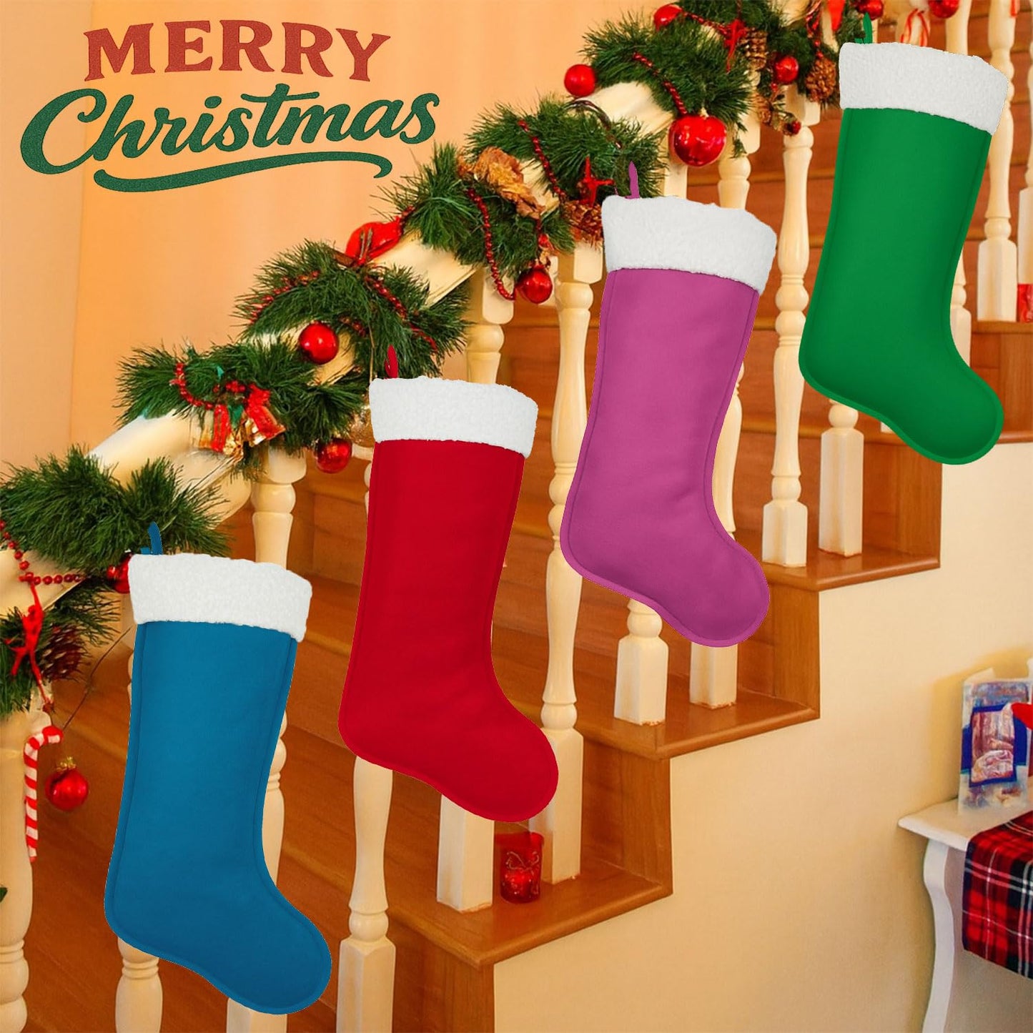 LinaGarten 4 Pack Christmas Stockings 20 Inches Large Merry Christmas Stocking Holiday Party Decor Hanging Tree Fireplace Mantle Ornaments Decorations (4, Multi-Large)