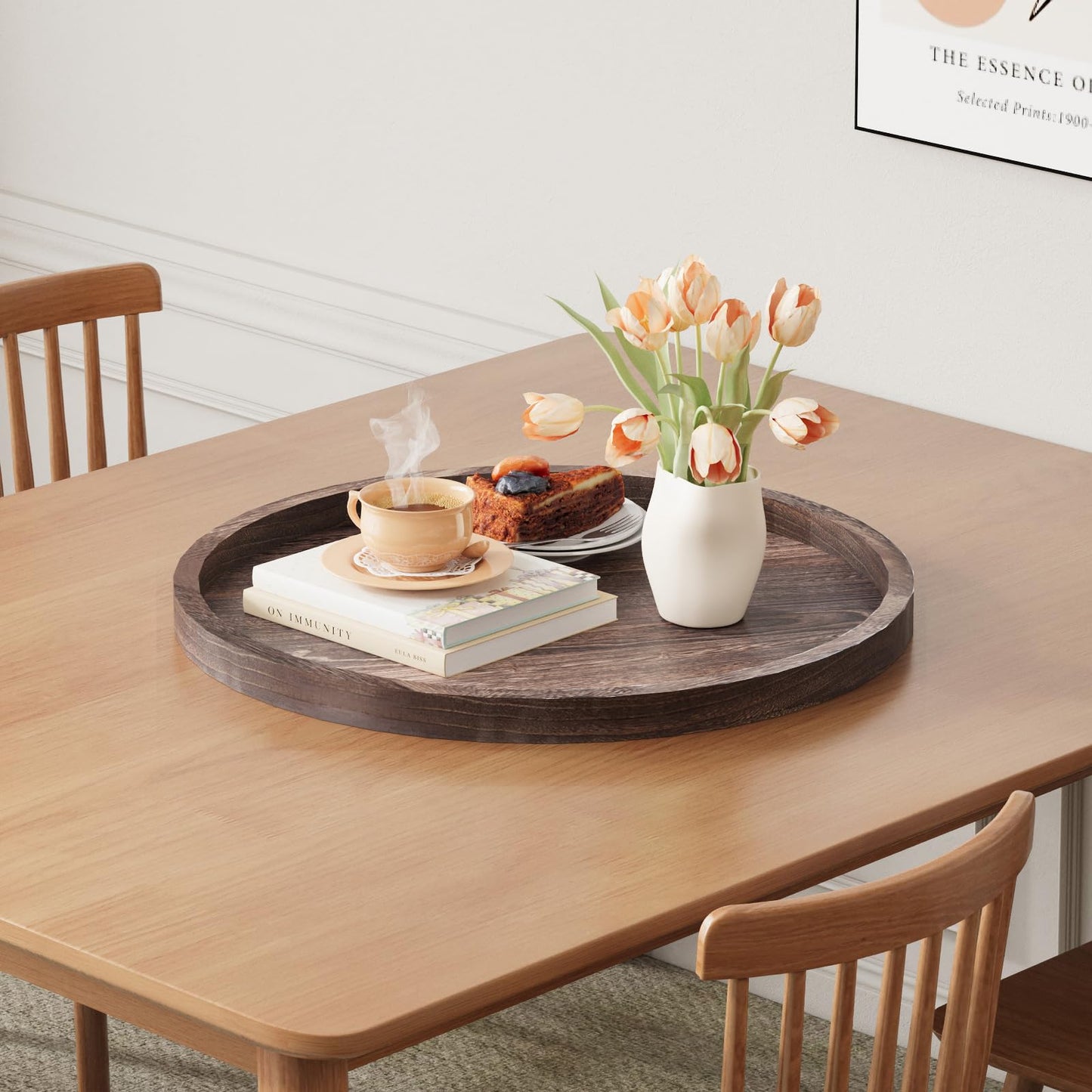 Round Ottoman Tray for Coffee Table Living Room Wood Serving Tray Large Wooden 20 Inches Rustic Brown