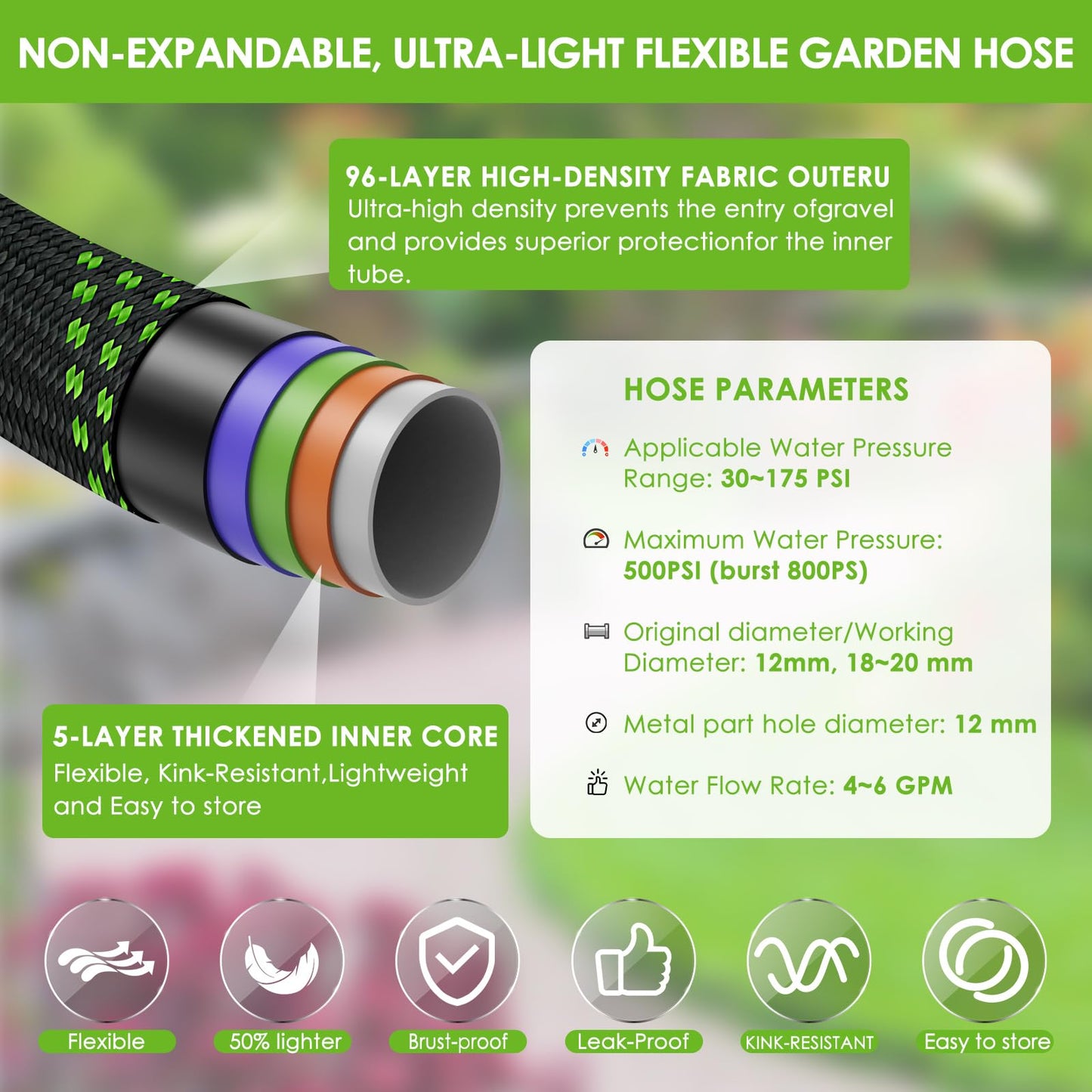 HORTICORA Non-Expanding Garden Hose 100 ft, Lightweight Hose & Flexible Water Hose With 10-Pattern Spray Nozzle, Kink-Free Design, Durable Leakproof Yard Outdoor Hose, Portable Storage Strap, 100 Feet
