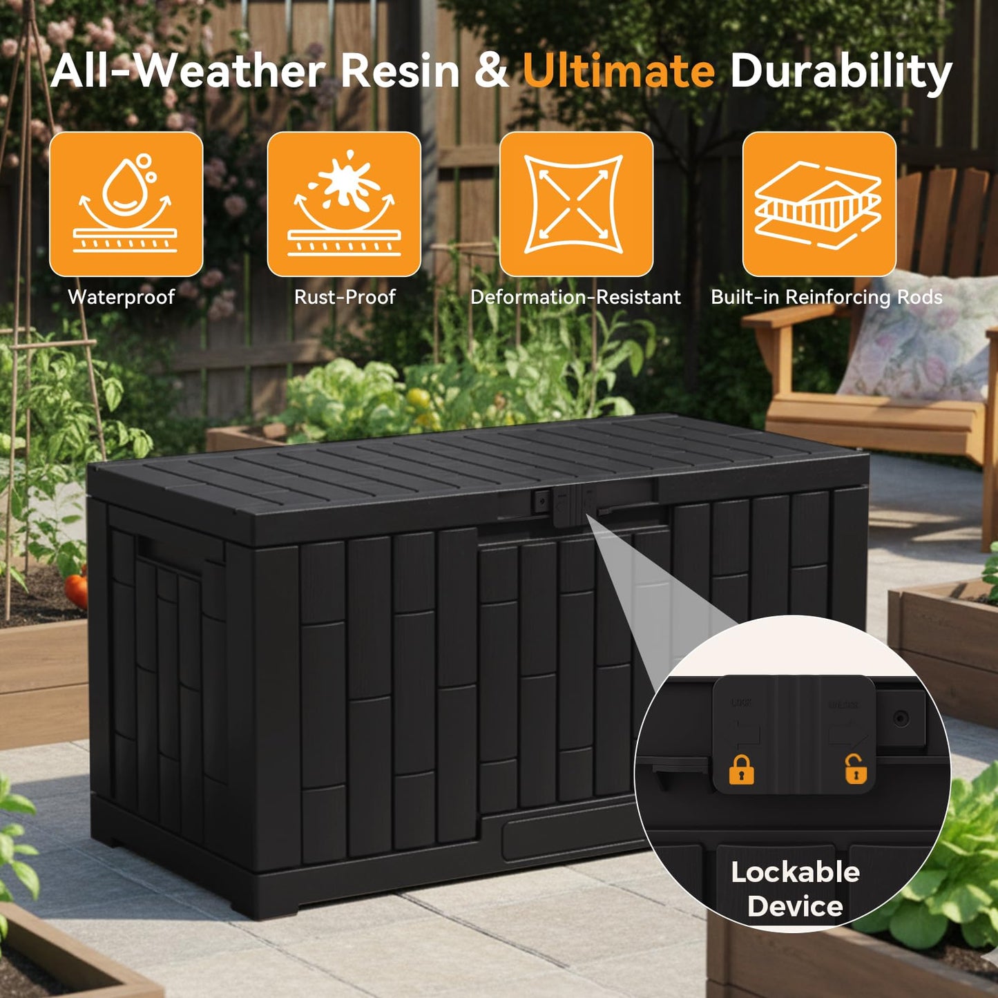 NEWBULIG 60 Gallon Deck Box, Waterproof Outdoor Storage Box with Lockable Lid, Patio Furniture Bench & Side Table, Outside Storage Container, Tool-Free Assembly, for Garden, Pool, Black
