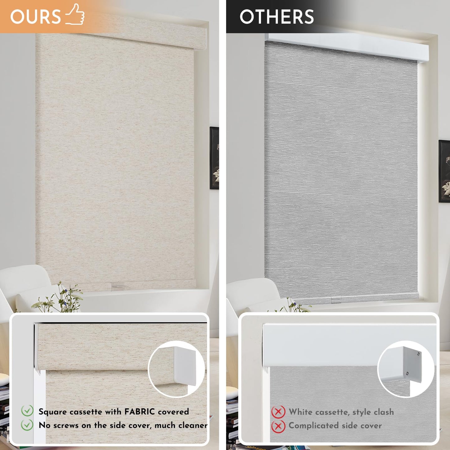 Persilux Blackout Roller Shades for Indoor Window Blinds,Cordless,Linen Fabric,Thermal Insulated Fabric UV Protection Shades for Home,Office,Bedroom,Door,Blackout-Cream,16" W X 64" H
