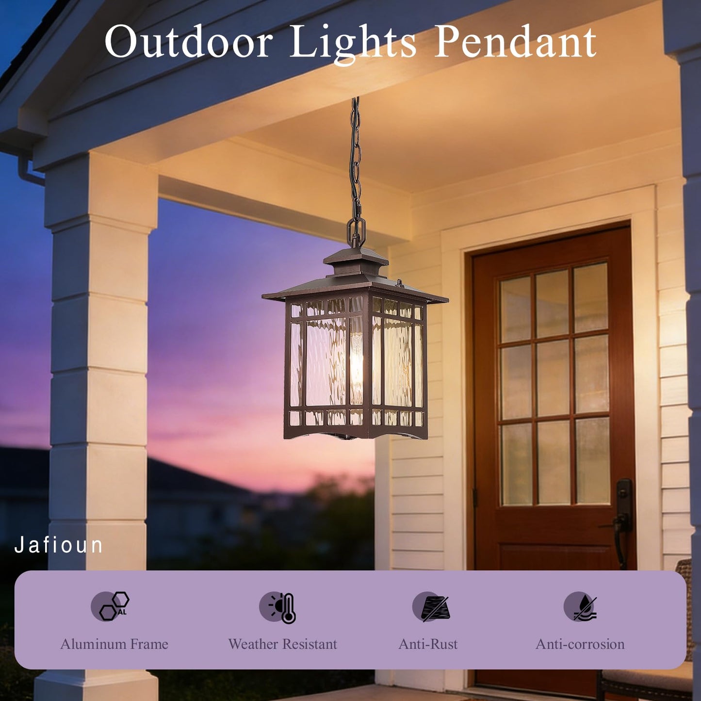 Dusk to Dawn Outdoor Pendant Light, 15 Inch Large Square ORB Oil Rubbed Bronze Exterior Hanging Lantern, Waterproof Anti-Rust Aluminum Outdoor Light with Water Ripple Glass for Porch Patio Entryway
