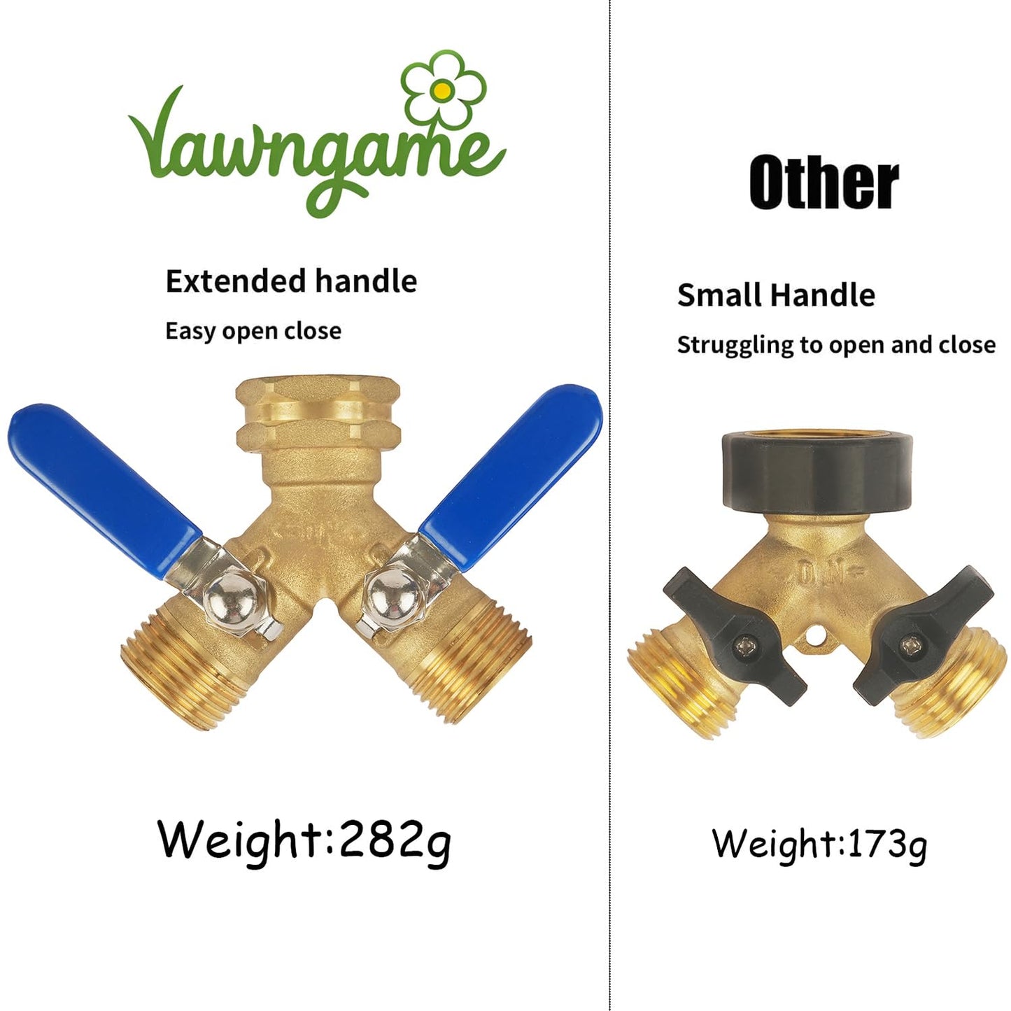 Hose Splitter 2 Way Heavy Duty, Full Flow Garden Hose Splitter with Large Easy-Turn Handle, 3/4 Inch GHT Brass Water Hose Splitter for Outdoor Faucet, Y Valve Hose Bib Splitter
