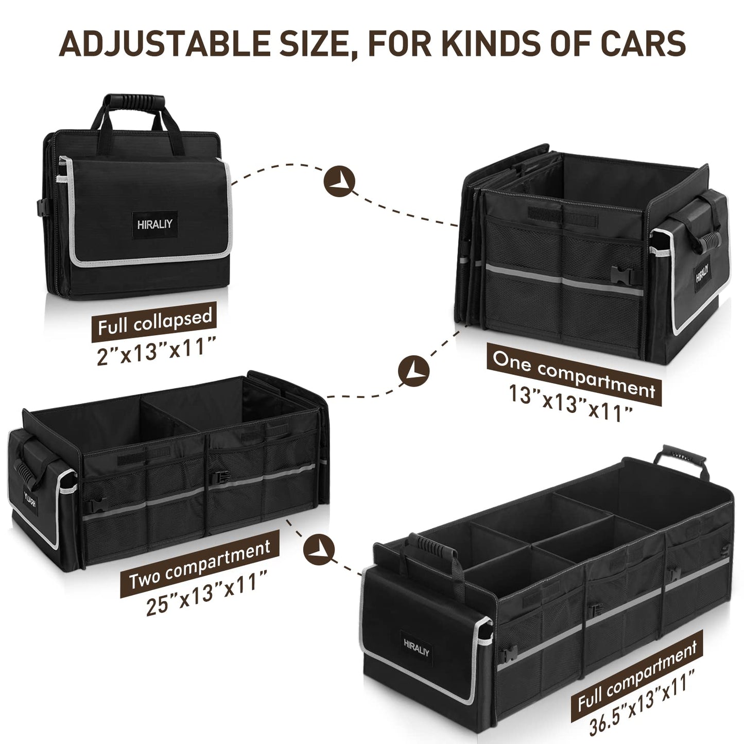 HIRALIY 4 in 1 Car Trunk Storage Organizer with Leakproof Cooler Bag, Multi-Compartment Foldable Trunk Storage Box for Car Truck SUV Black