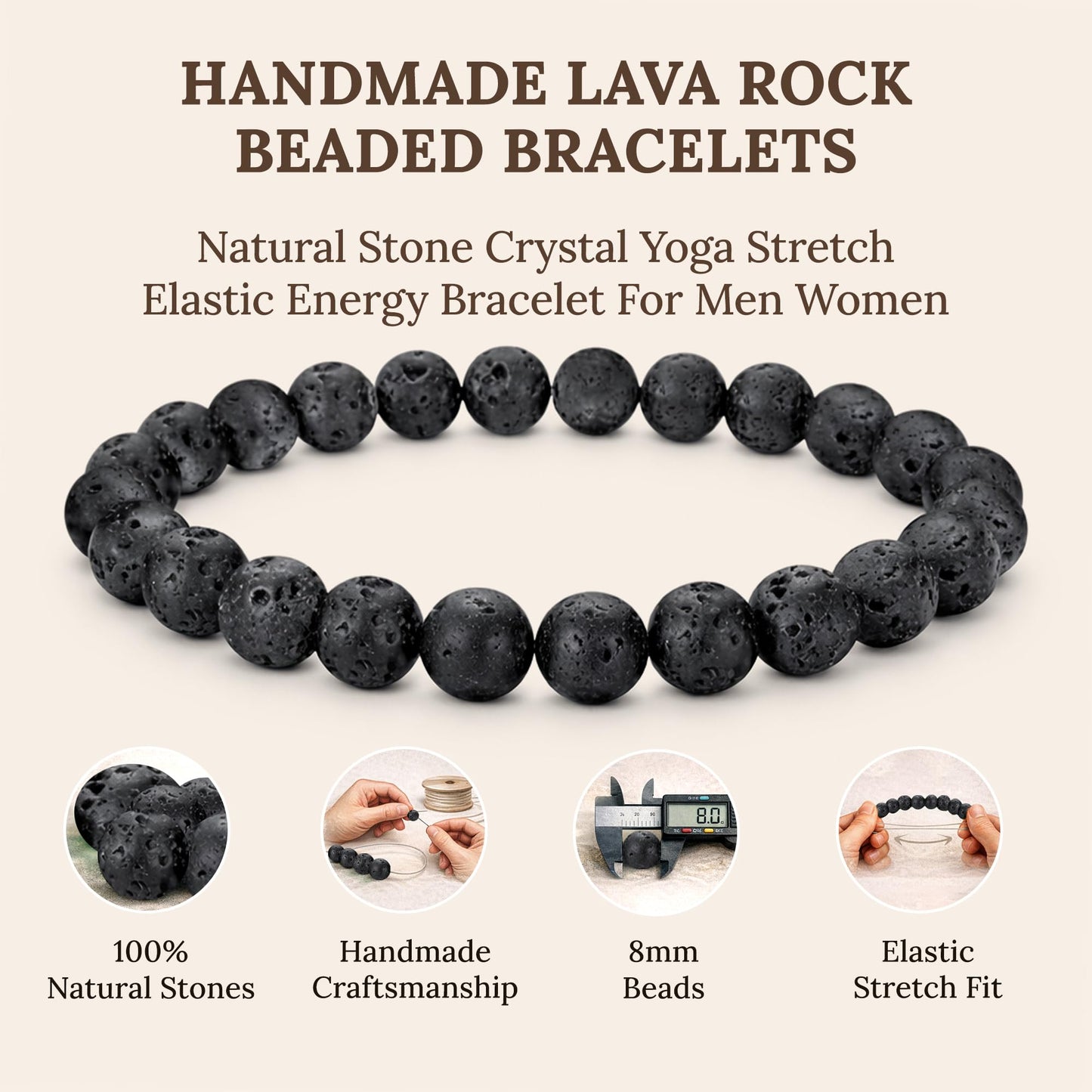 Elm City Direct 8mm Natural Stone Beaded Bracelet – Unisex Crystal Stretch Bracelets for Men & Women, Chakra & Healing Jewelry, Gift-Ready Beaded Bracelets (Lava Rock, 8mm)