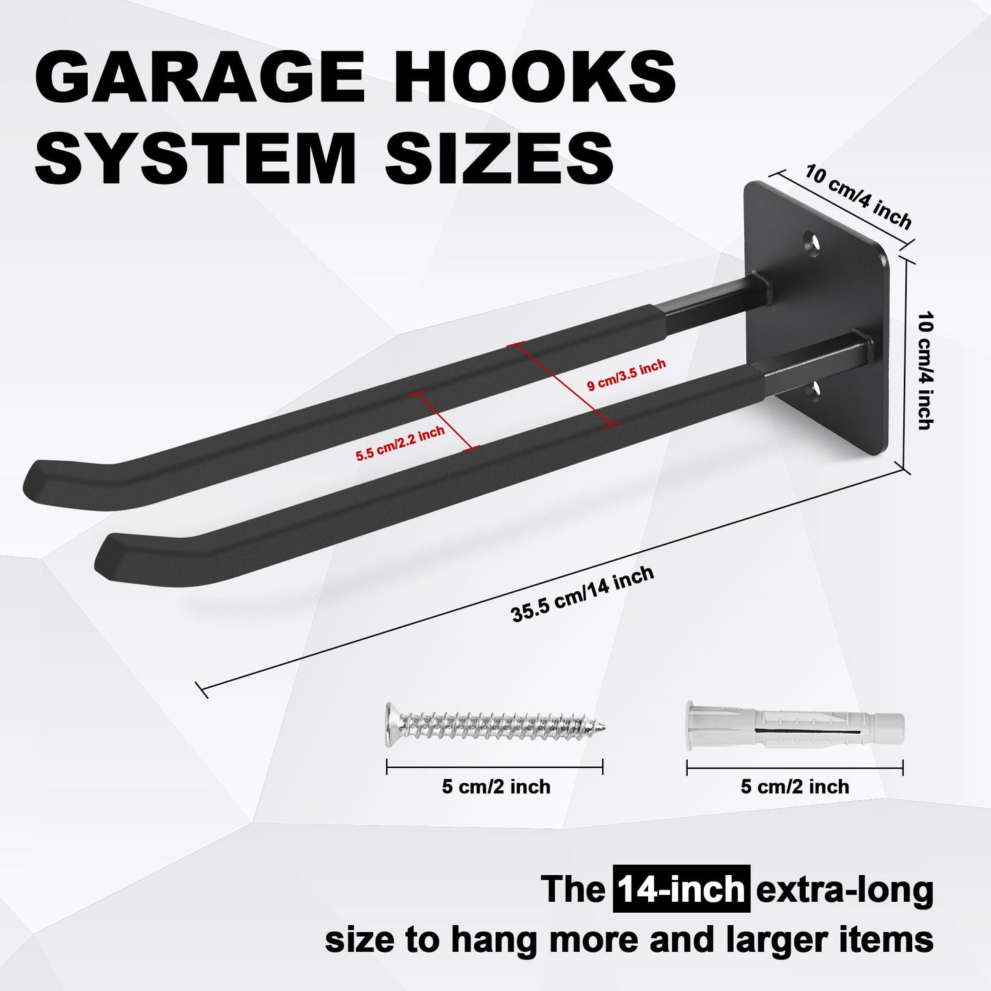 Heevir 14 Inches Extra Large Garage Hooks, 4Pcs Heavy Duty Garage Wall Mount Organizer, Tool Hanger Long Utility Storage Hooks for Hanging Tire, Chair, Ladder, Garden Tools, Strollers and More