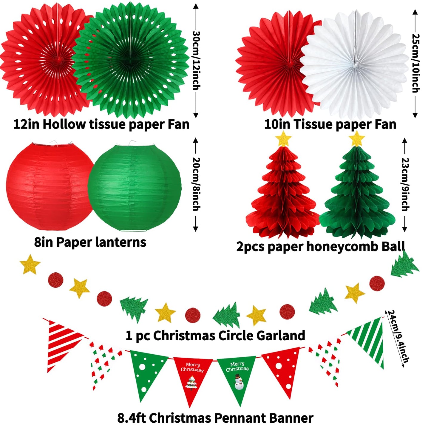 YOVIWEI Christmas Party Decorations - Red & Green Christmas Flag, Xmas Tree Honeycomb Balls Garland Paper Fans Paper Lanterns for Holiday Party Decorations Winter Party New Year's Eve Classroom Decor