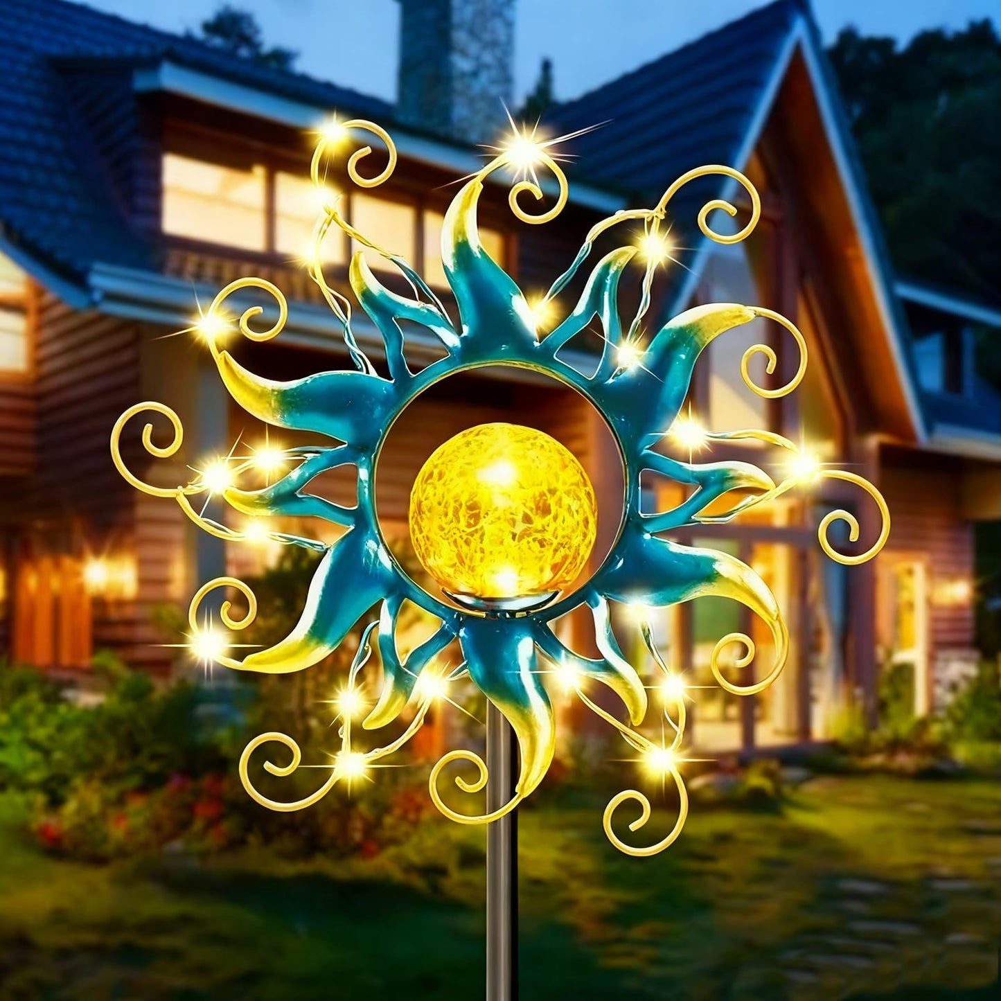 Solar Lights Outdoor Garden Decor, Blue Metal Sun Crackle Glass Globe Stake Waterproof 30LED Decorations Unique Gifts for Women,Mom,Outside, Patio,Lawn,Yard,Pathway
