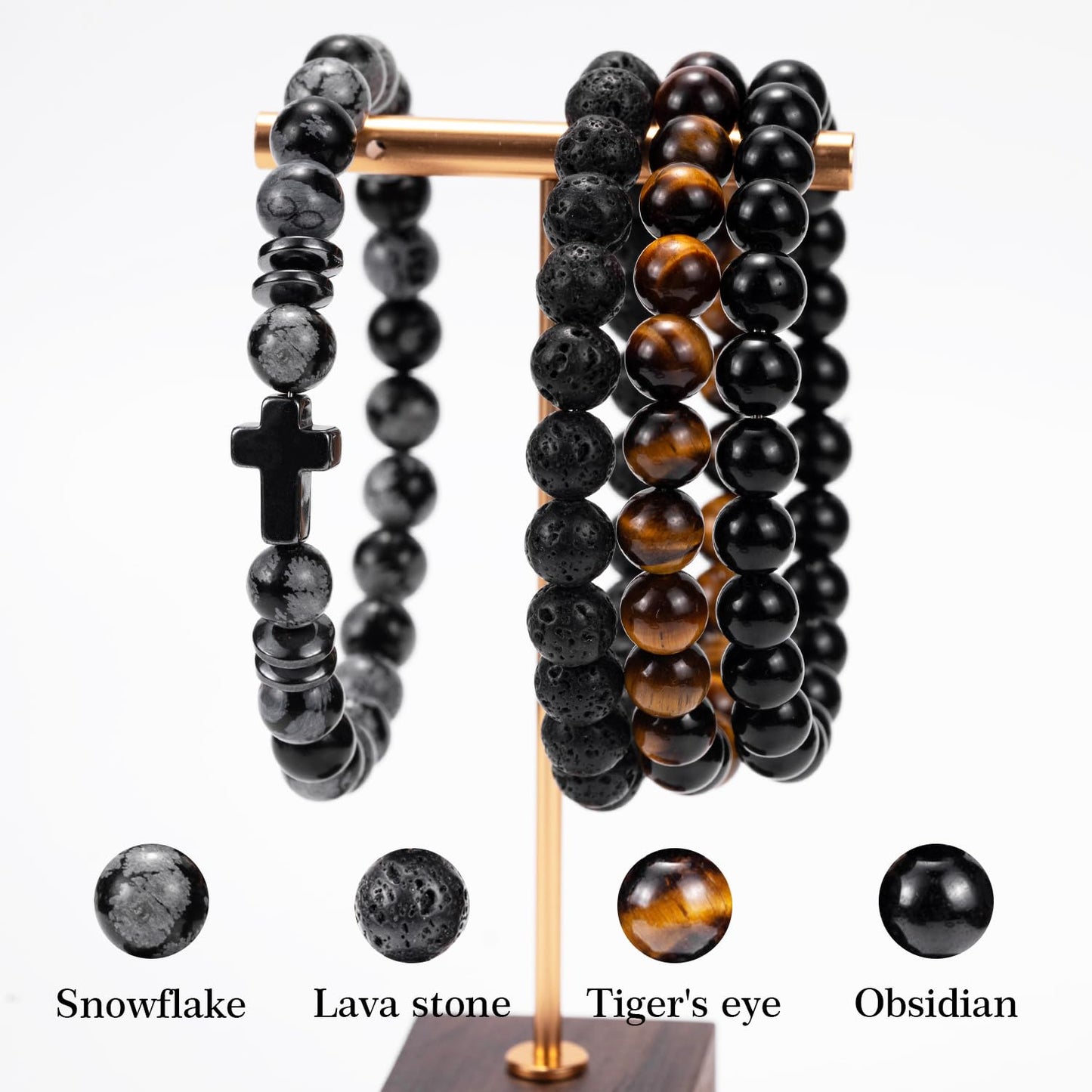 Crystery Men Beaded Bracelets, 8mm Natural Stone Bracelet, Healing Crystal, Jewelry Gifts for men, Triple Protection, Snowflake, Tiger Eye, Black Obsidian Beads Bracelets, Lava Rock, Pack of 4