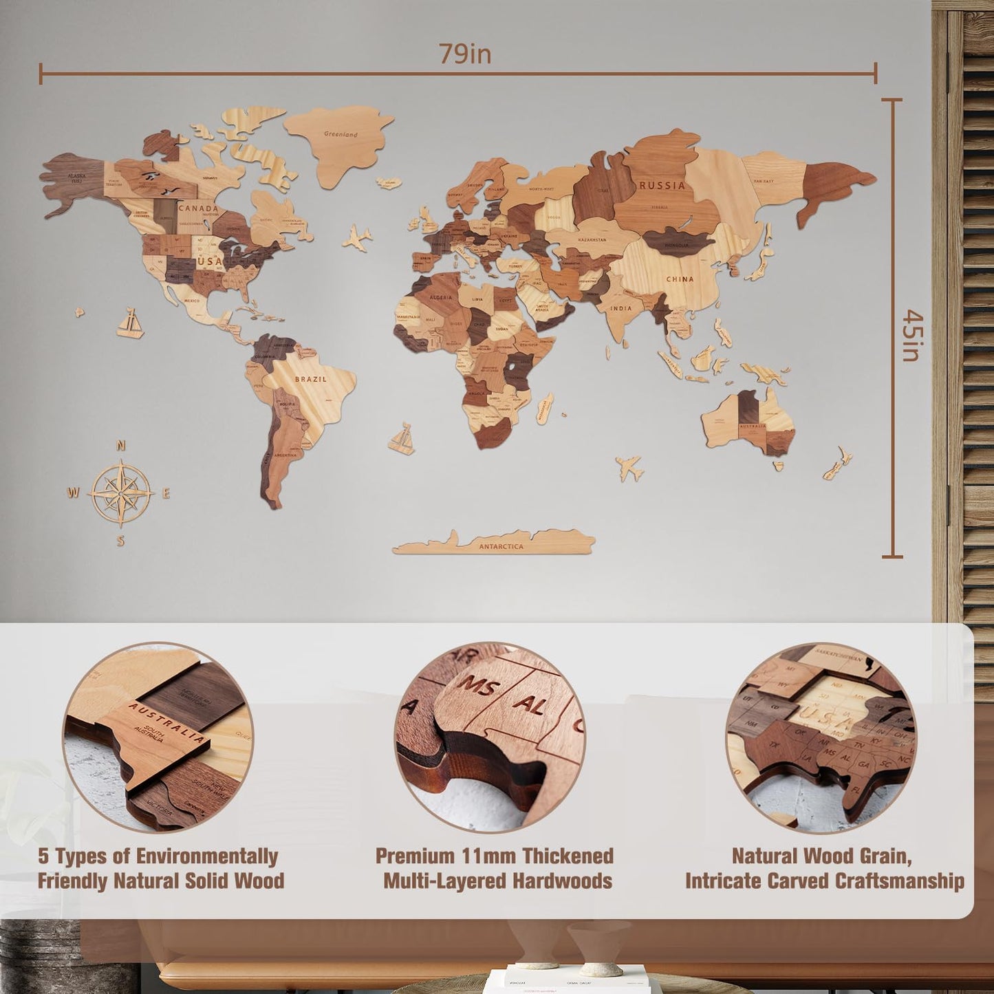 Handiwoo Wooden World Map 3D, Wood World Map Wall Art, Multilayered Wooden Map of The World Wall Decoration, Idea Housewarming Gift Large Wood Travel Map for Home & Office Décor (XL)