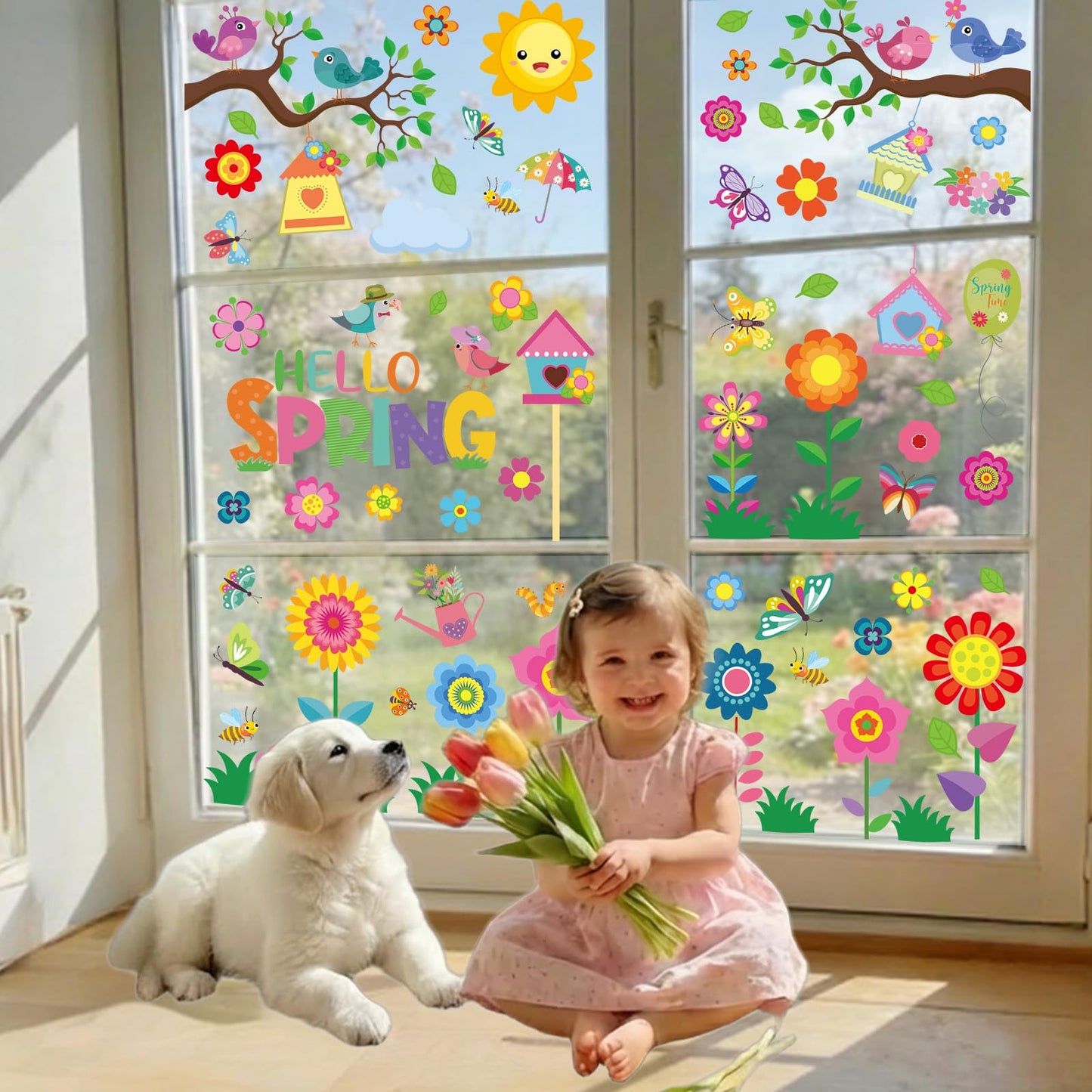 9 Sheets Spring Window Clings for Glass Windows, Spring Decor Window Stickers for Kids, Summer Easter Decals Decorations for Home, Office, Classroom Glass Doors