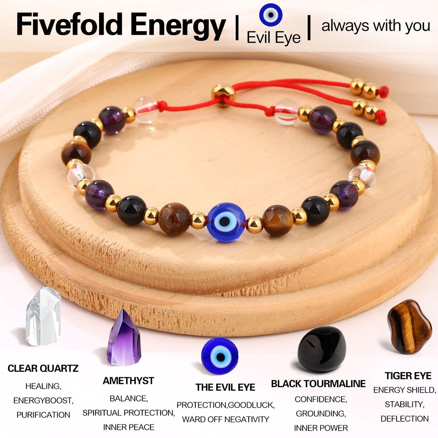 Cute Evil Eye Bracelet Red Black - Natural Crystal Protection Adjustable Spiritual Guardian Jewelry- 5 Healing Stones Clear Quartz Amethyst Black Tourmaline Tiger Eye Bracelet Adjustable (Blue Eye-Red Rope)