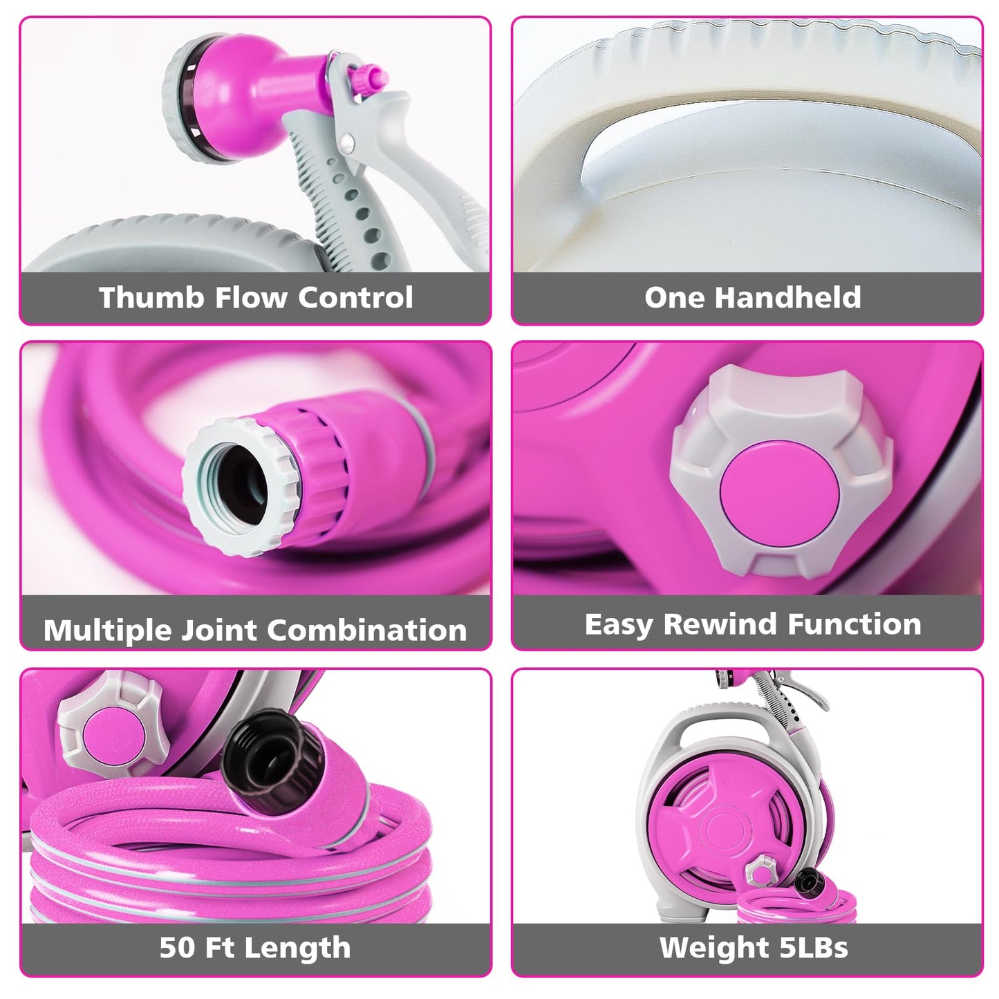 Portable Hose Reel, 50FT Garden Hose Reel for Outside, Lightweight Hose Reel with 6 Patterns Spray Nozzle, Suitable for US Standard Hose Connection（PINK）