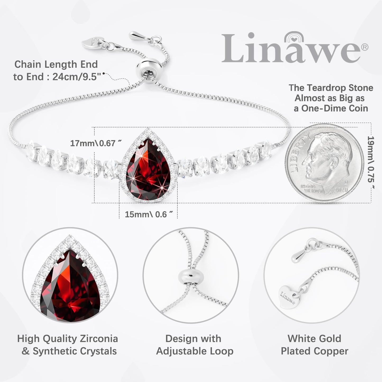 Linawe Red Crystal Imitation Diamond Charm Silver Bracelets for Women, Garnet Rhinestone Birthstone Moissanite Cubic Zirconia Chain Bracelet Set, Prom Costume Wedding Jewelry