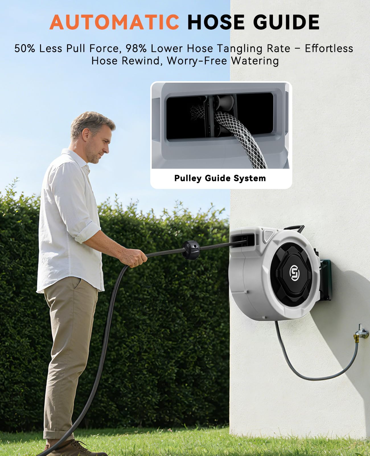 SUNPOW Retractable Garden Hose Reel - 1/2" x 100ft Wall Mounted Hose Reel with 3/4'' Brass Fitting & 10-Pattern Nozzle - Auto Slow Retraction, Any-Length Lock, 180°Swivel for Lawn & Gardening