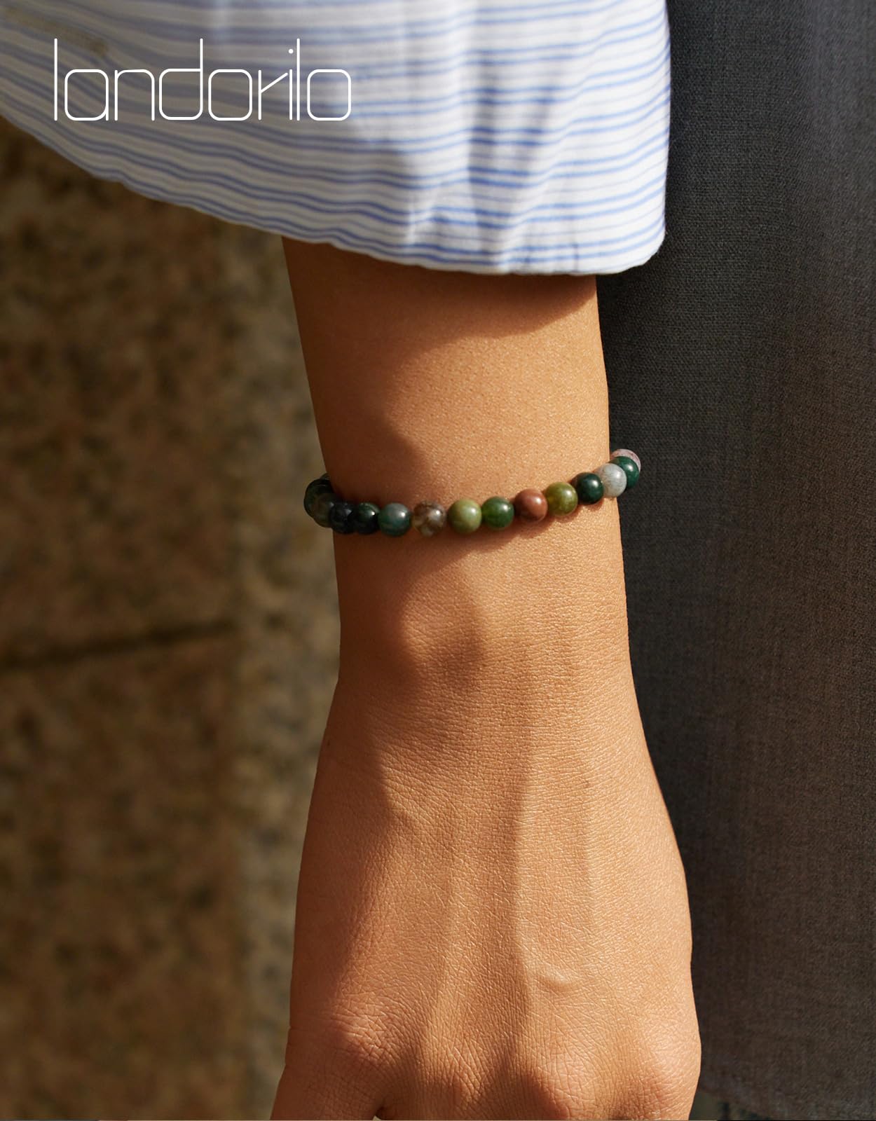 Landorilo Beaded Bracelet for Men Women, 6mm Natural Stone Indian Agate Healing Crystal Stretch Bracelets, Ideal Christmas Birthday Jewelry Gifts with Energy Card，Replacement Beads Included