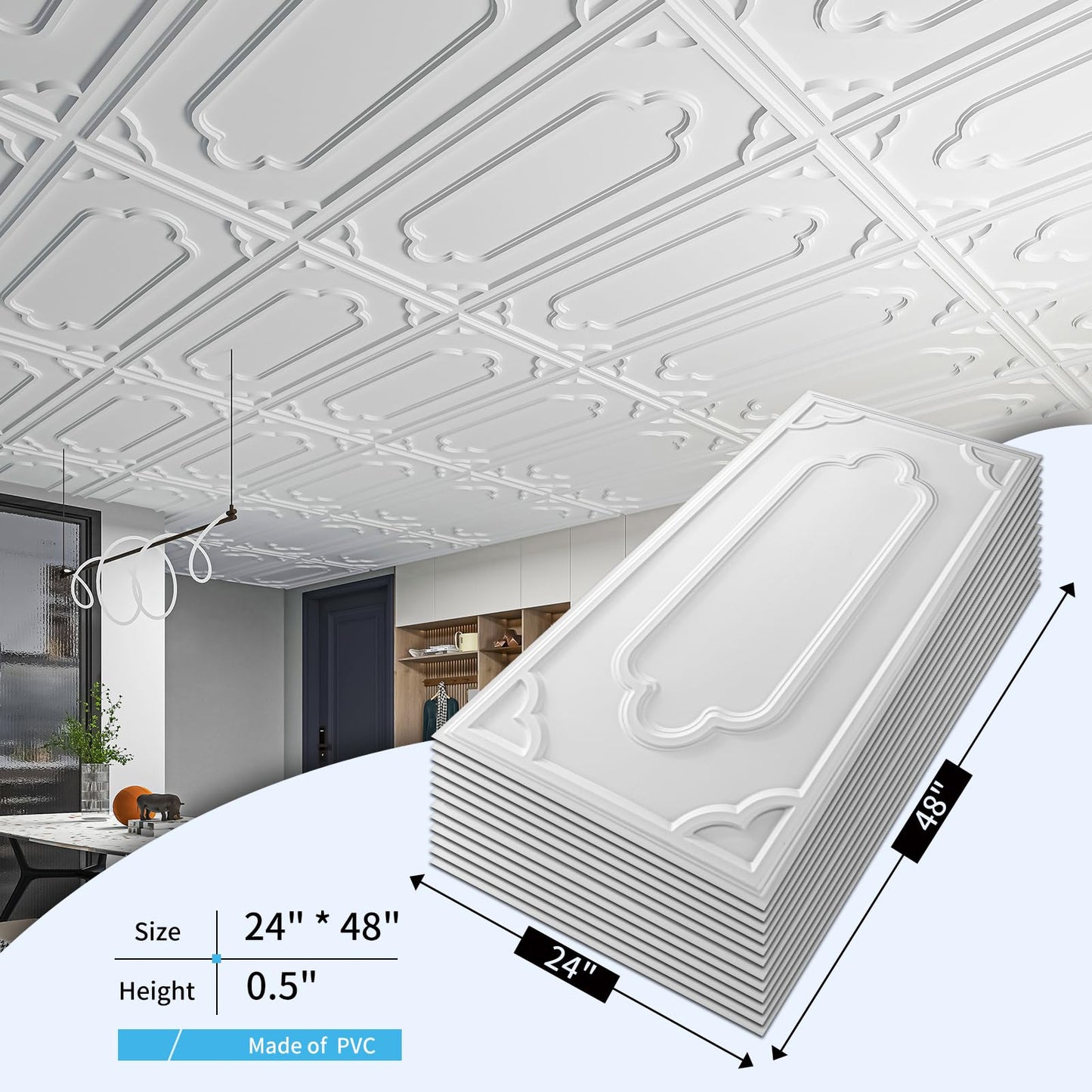 Art3d 12-Pack Drop Ceiling Tiles 2x4 Ft, Decorative PVC Ceiling Covering Panels 24x48 Inch for Basement Bathroom Kitchen, Cover 96 Sq.Ft, White