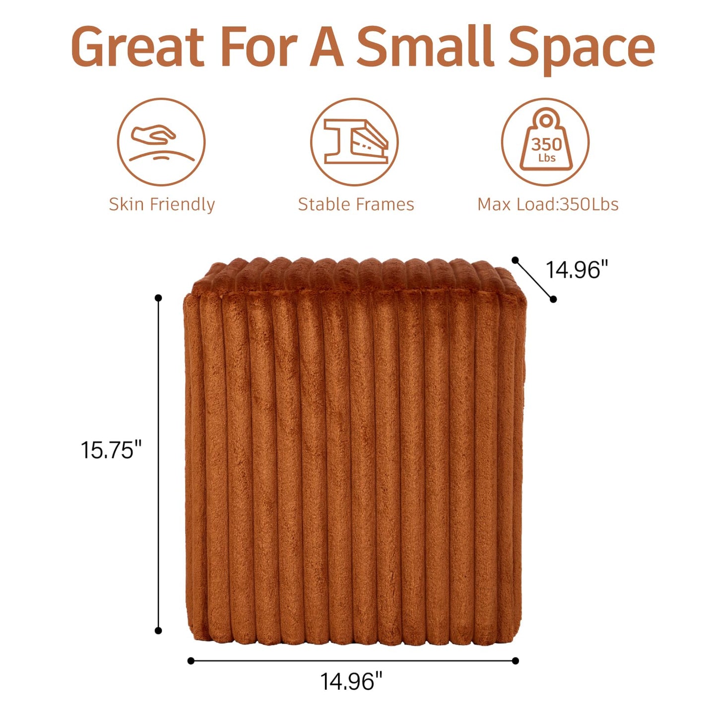YDcosyfy Modern Square Ottoman, Vertical Channel Tufted Foot Stool Ottoman, Velvet Upholstered Vanity Stool for Makeup, Bedroom, Living Room, Dark Orange