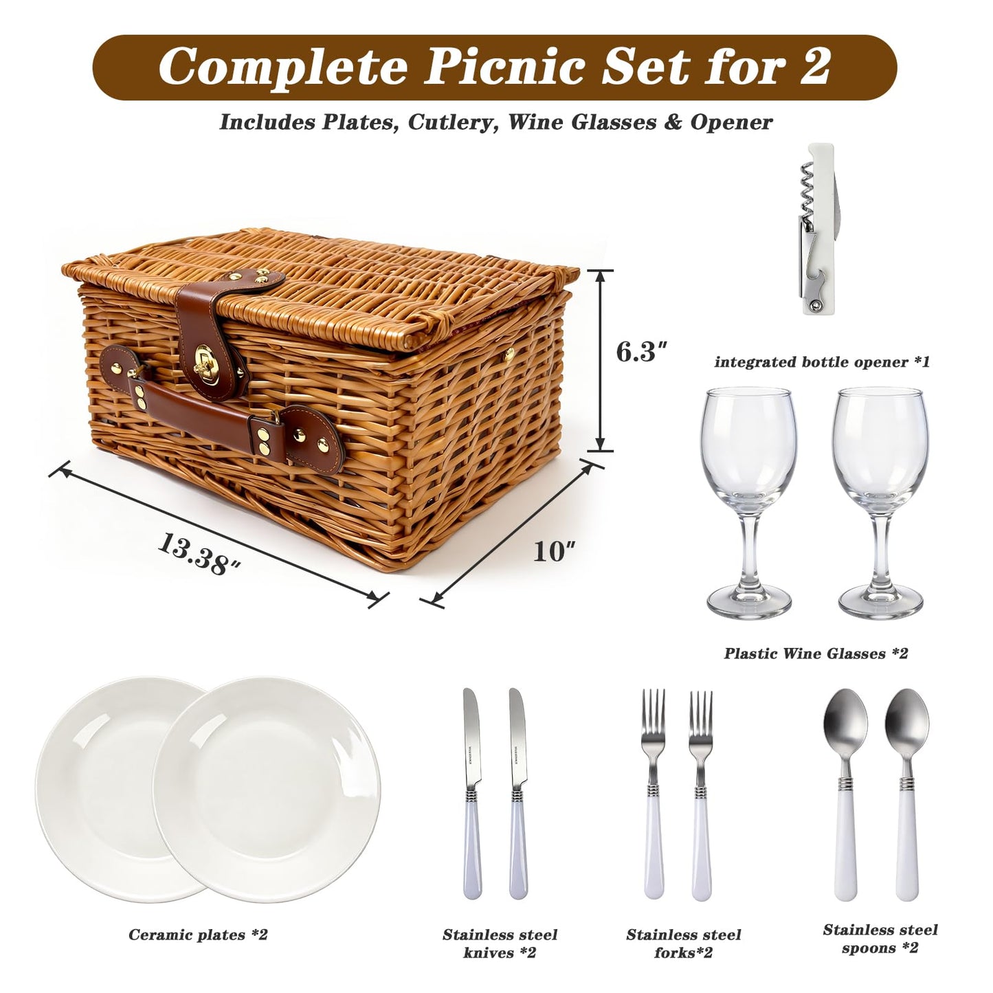 Picnic Basket for 2 - Picnic Basket with Cutlery Kit and Glasses, Insulated Picnic Set with Waterproof Liner, Portable Wicker Picnic Baskets with Lid and Handle for Outdoor, Picnic, Camping, Holidays