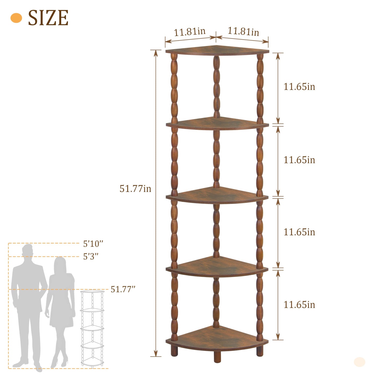 MaxSmeo Corner Shelf, 5-Tier Corner Bookshelf for Small Spaces, Stylish Corner Storage Display Shelves for Bedroom, Bathroom, Kitchen, Living Room (Rustic Brown)