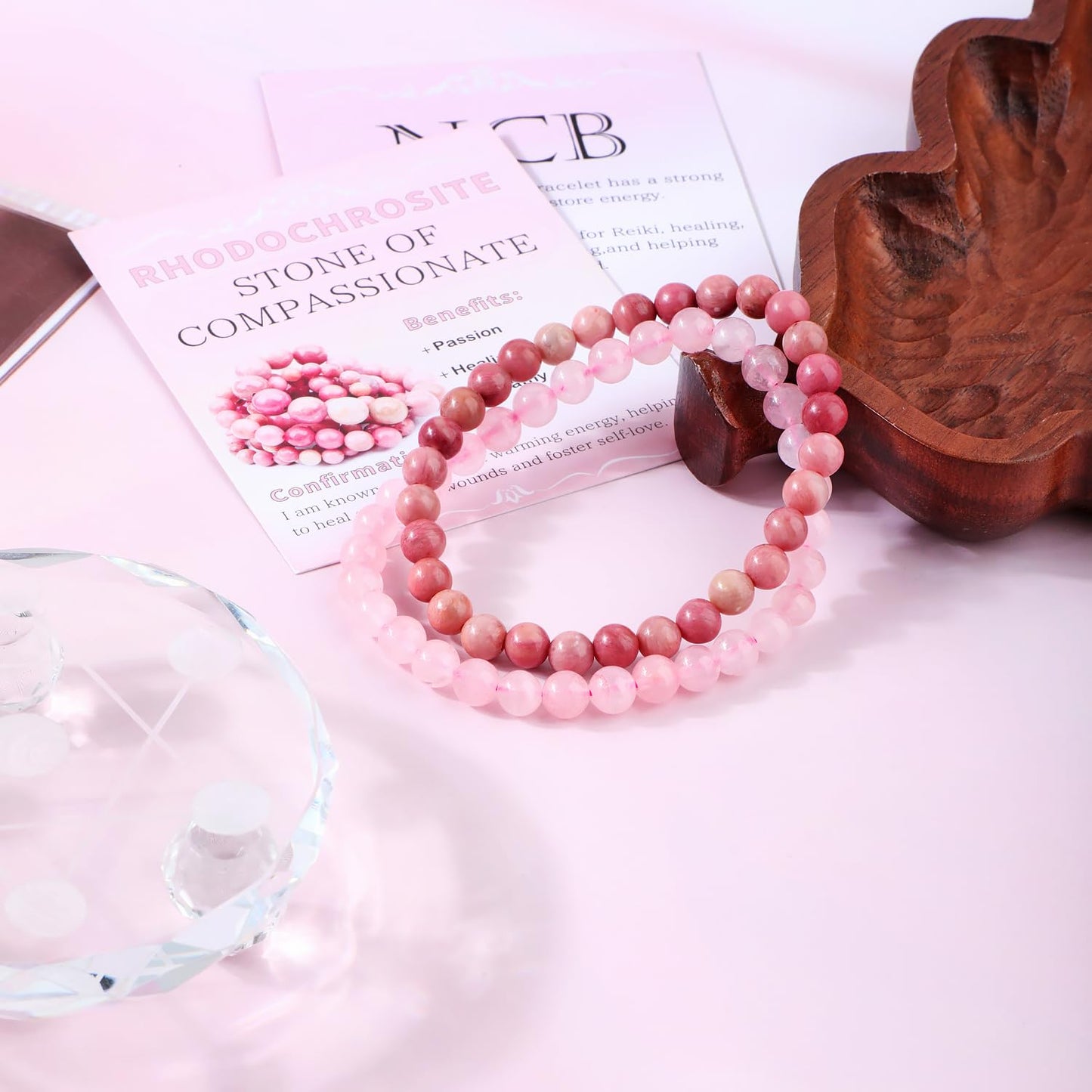 NCB 2-Piece 6mm Natural Crystal Gemstone Stretch Bracelets – ﻿Pink Quartz, Rhodochrosite Handmade Reiki Energy Healing Jewelry for Meditation,Yoga, Unisex