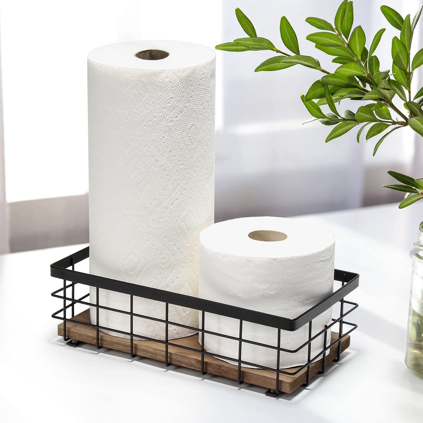 TJ.MOREE Small Metal Wire Basket, Decorative Wood Base Organizer for Bathroom, Kitchen, Basket for Toilet Paper Storage, Sugar Packet, Coffee Syrup, Guest Towel, Napkin(2 Packs)