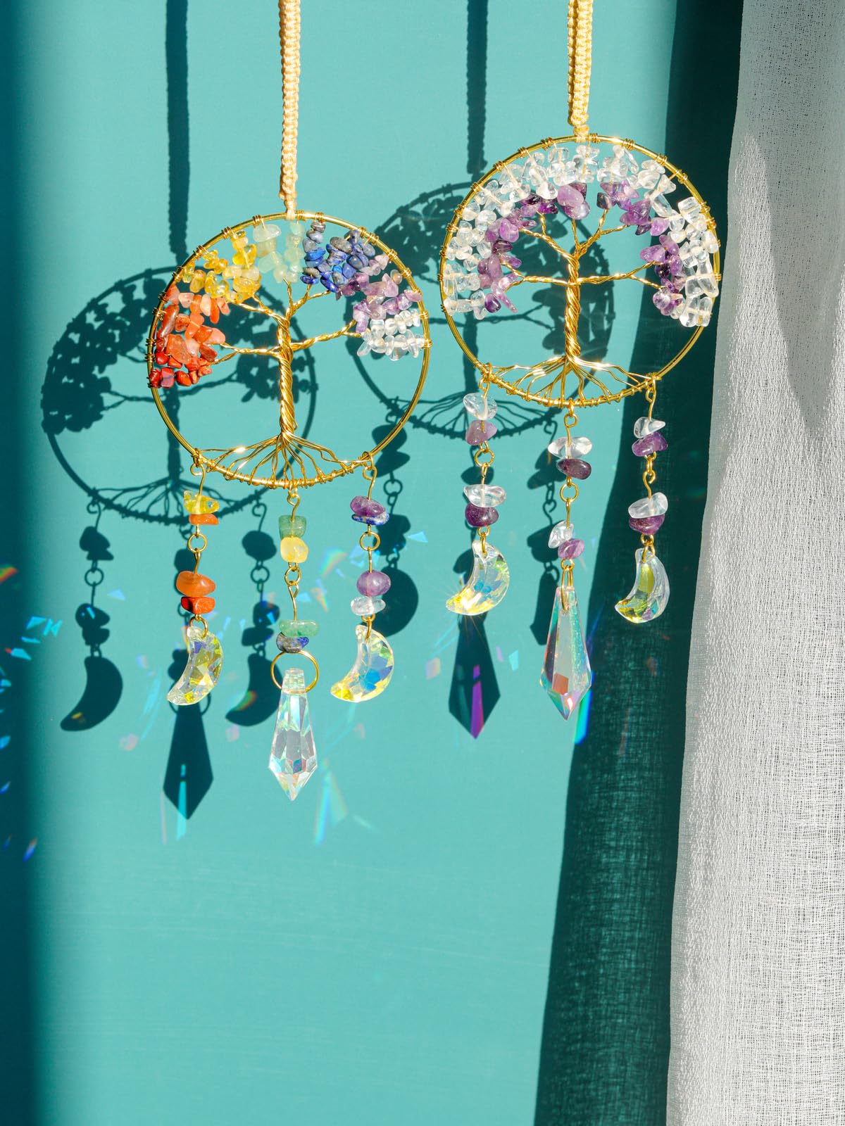 CrystalTears Chakra Crystal Tree Life Hanging Ornament Handmade 7 Chakra Healing Crystal Gemstone Glass Suncatcher for Home Window Wall Decoration Crystals Gifts for Women Men Friends