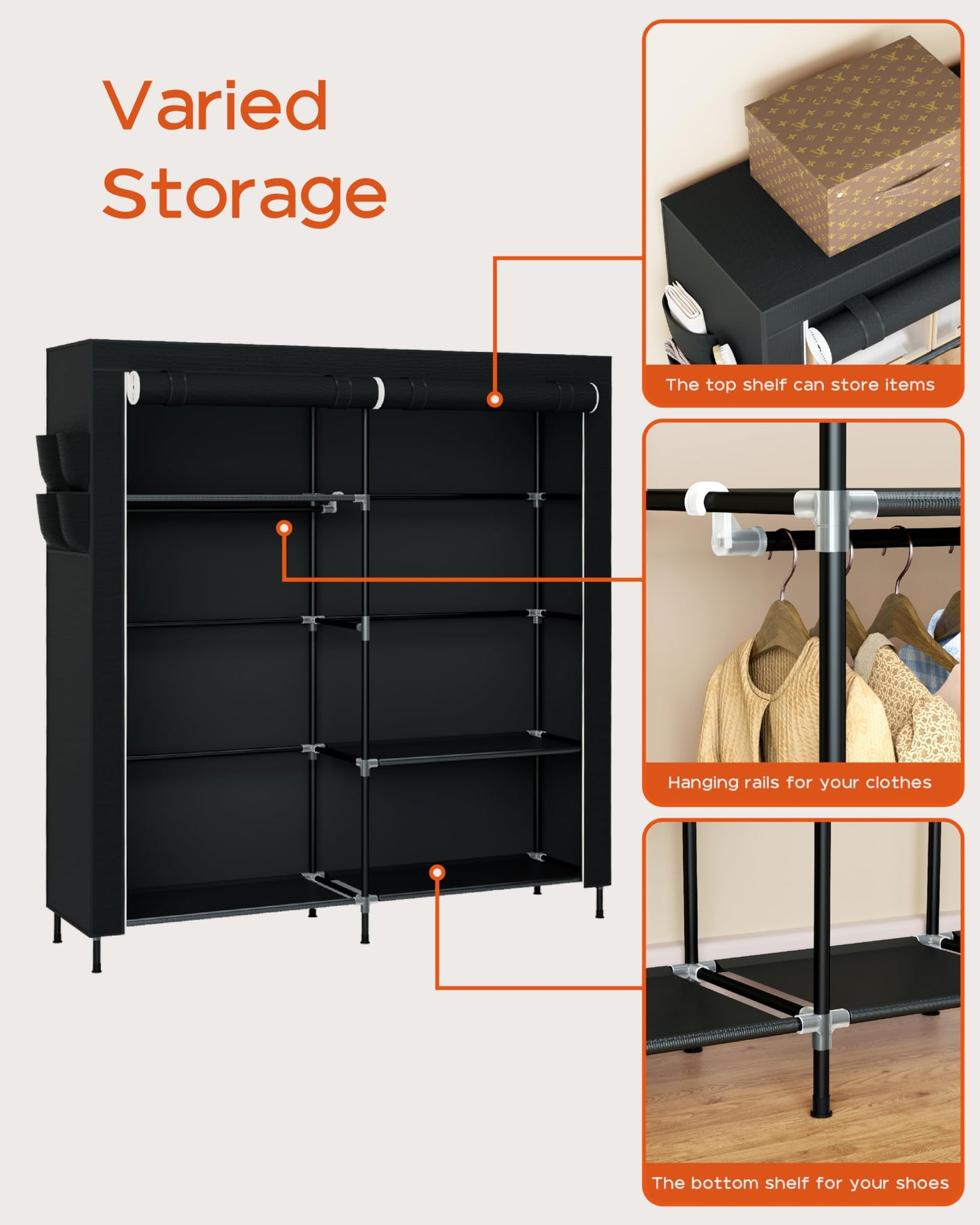 CASAMAYA Portable Closet, 61.8 Inch Large Capacity Wardrobe Closet with Cover, Clothes Storage Organizer with Shelves and 2 Hanging Rods, Easy to Assembly, Black PCT222B01