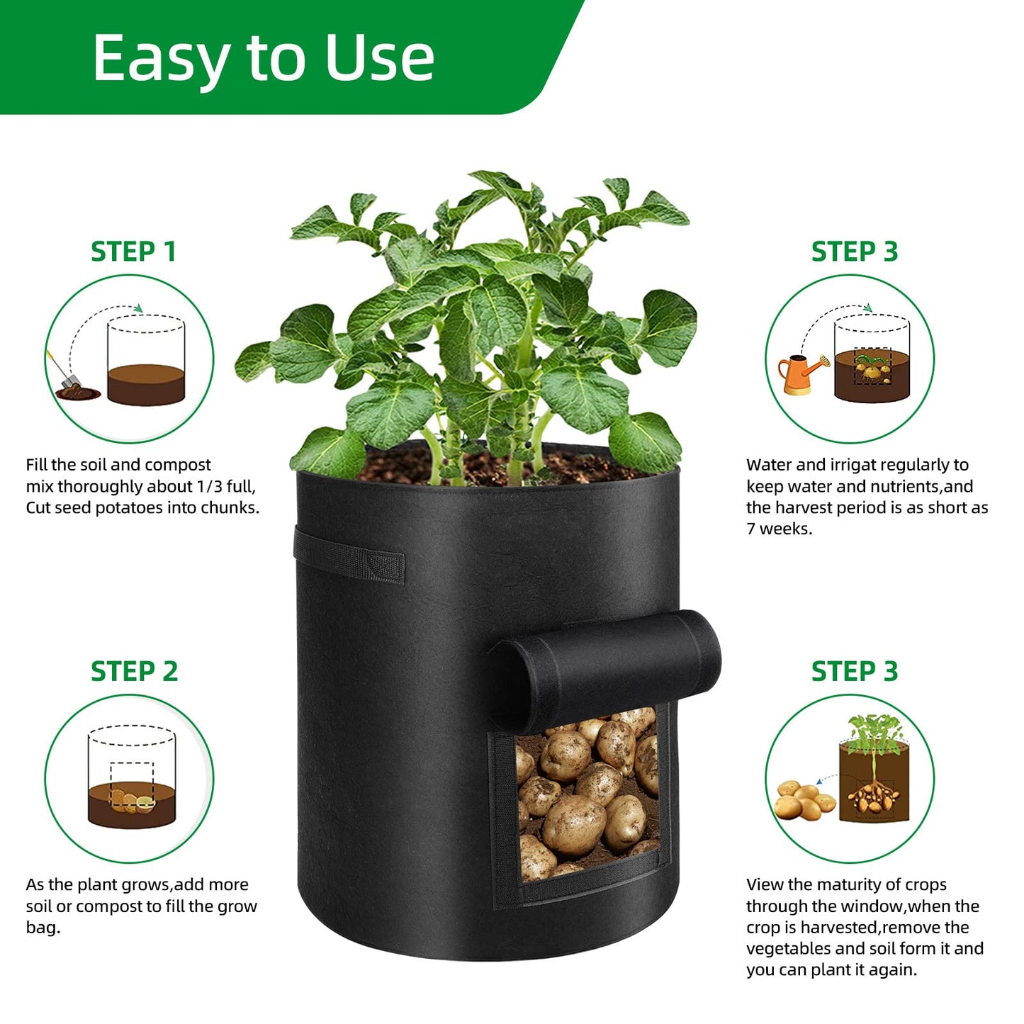 6 Pack Potato Grow Bags, 10 Gallon Planting Bags Large Fabric Pots with Flap Window Vegetable Planter Garden Pot Tall Potato Growing Containers with Handles for Vegetables, Fruits, Black + Grey