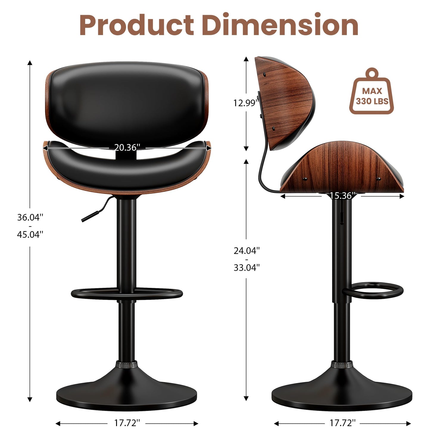 YaFiti Swivel Bar Stools Set of 2 for Kitchen Counter, Adjustable Bentwood Barstools, Modern PU Leather Upholstered Bar Chair with Back and Footrest, for Bar, Kitchen, Dining Room, Black