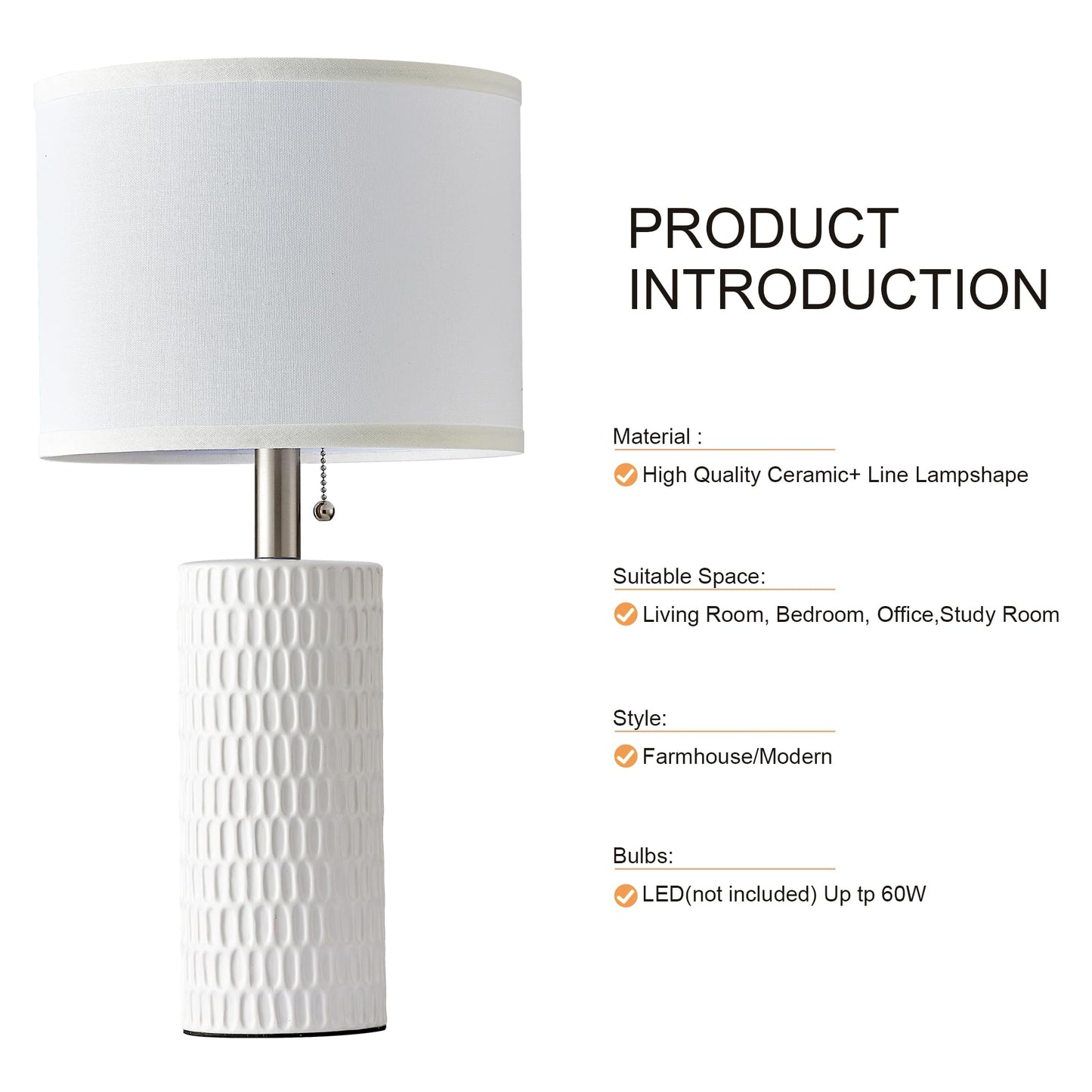Reaketon 20" Small Ceramic Table Lamps for Bedroom Set of 2, Modern Lamps for Night Stands, Farmhouse Table Lamps for Living Room, Home Office and Hallways,White