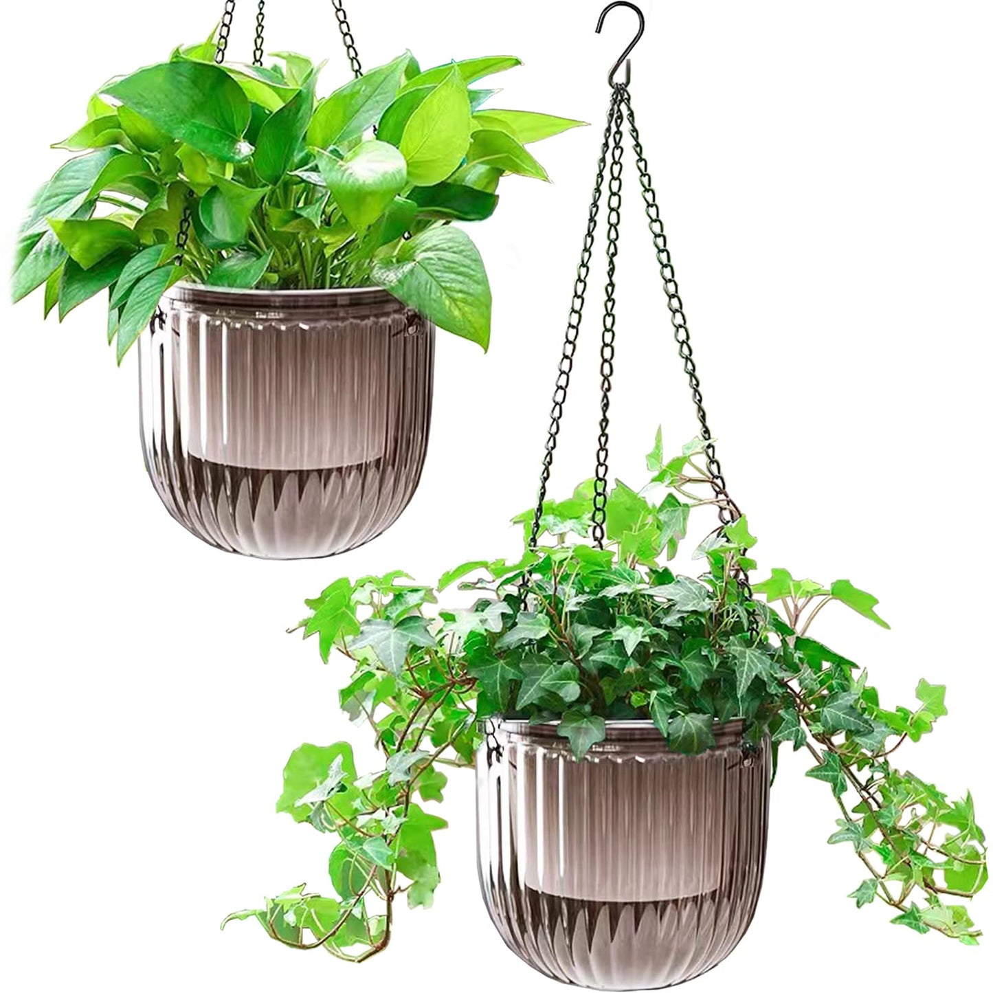Melphoe 2 Pack Self Watering Hanging Planters Indoor Flower Pots, 6.5 Inch Outdoor Hanging Plant Pot Basket, Plant Hanger with 3Hooks Drainage Holes for Garden Home (Gray)