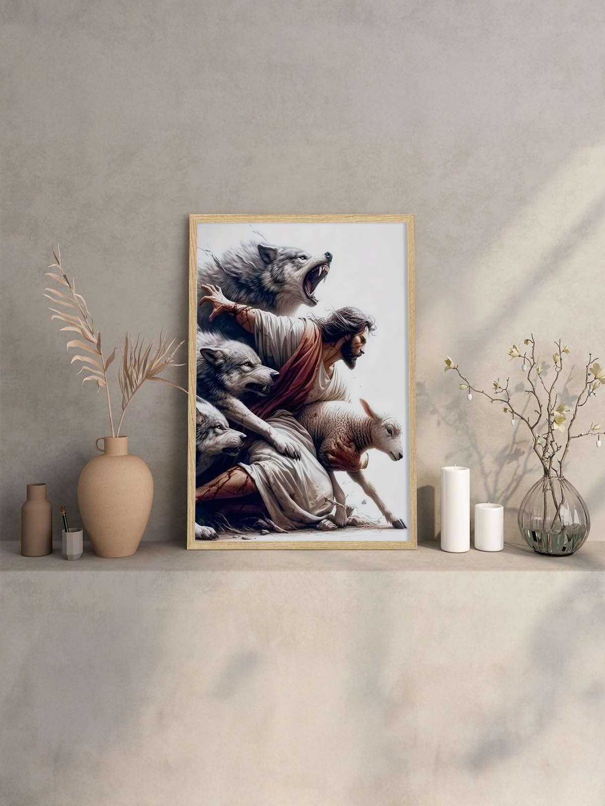 BIBLSPACE Jesus Wall Art Religious Wall Decor Christian Posters for Wall Pictures of Jesus Saves the Lost Lambs Canvas Wall Art for Living Room Bedroom Christian Wolf Art Framed 12x16 Inch
