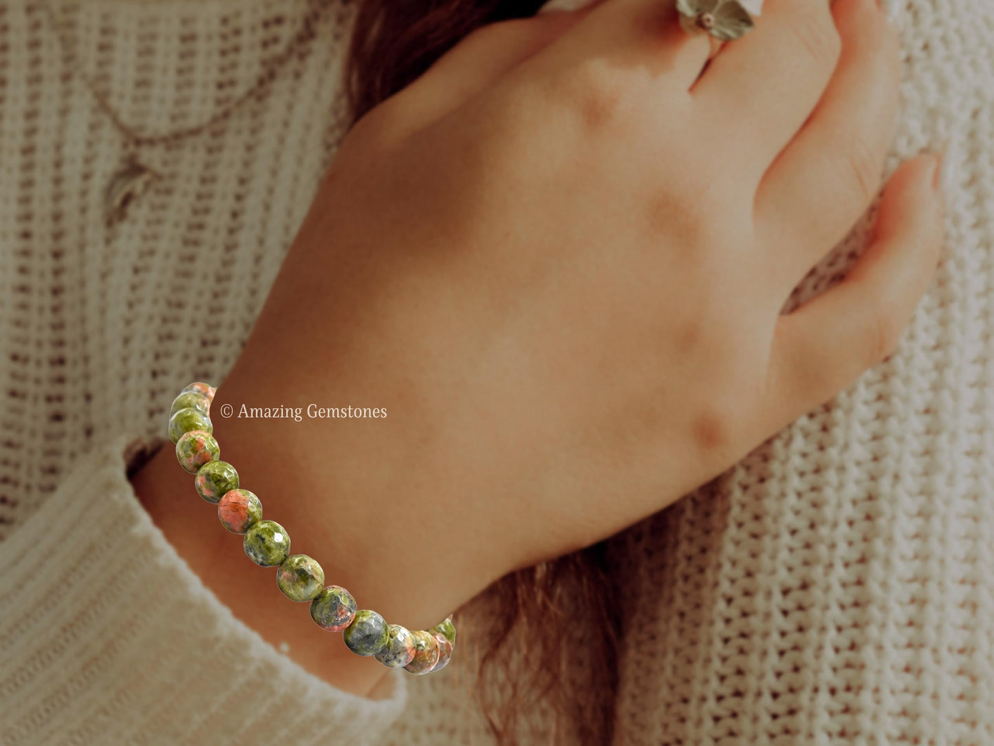 Amazing Gemstone Unakite Bracelet for Women - Chakra Mens Bracelet Protection Crystals and Healing Stones - Blessing Spiritual Meditation Stocking Stuffers (Faceted Beaded Bracelet, Adjustable)