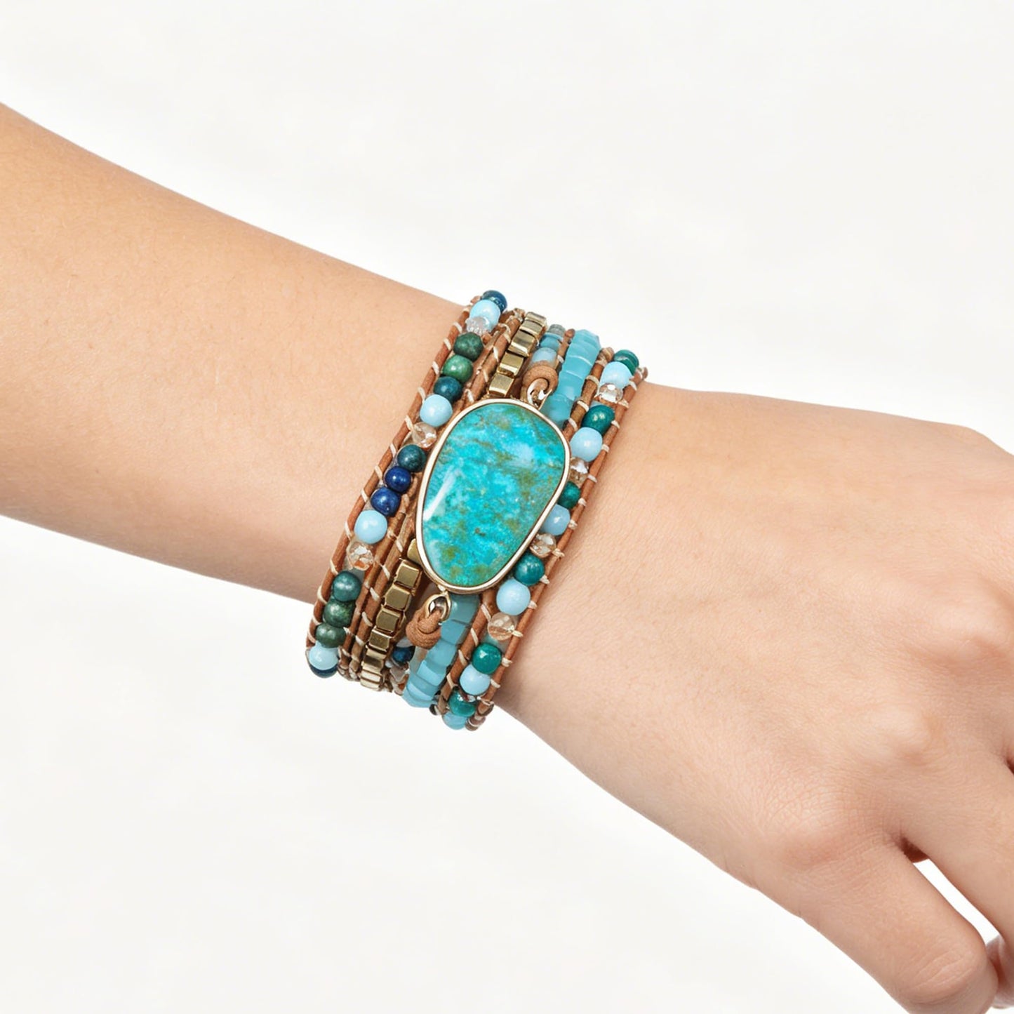 Plumiss Boho Chrysocolla Wrap Bracelet for Women Men, Handmade Leather Beaded Bracelet with Natural Stone Crystals, Bohemian Gemstone Statement Bracelet Adjustable Boho Jewelry Gift