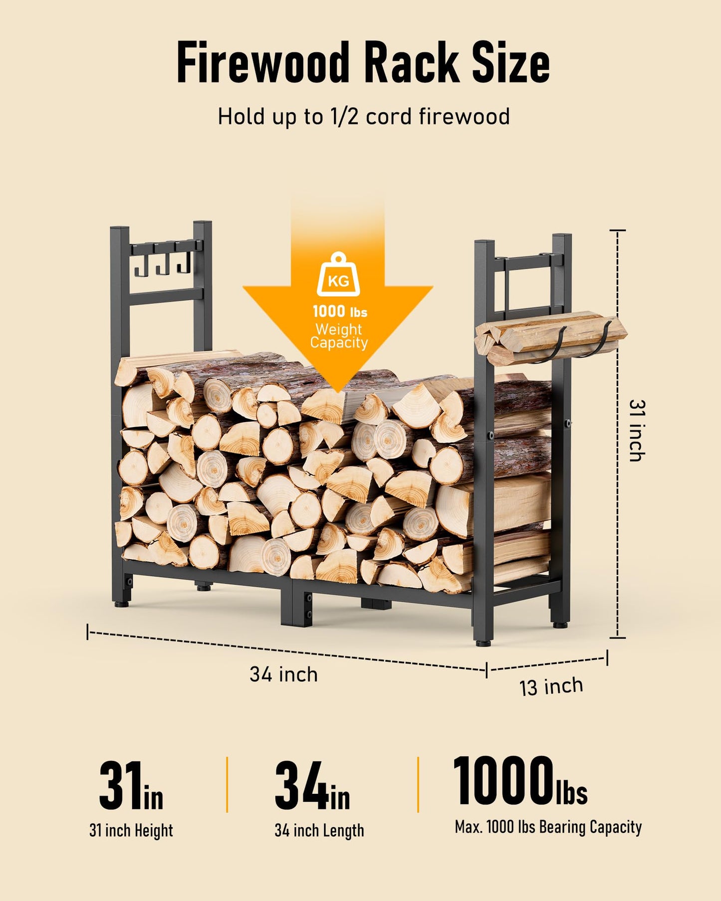 Brightown 34inch Firewood Rack Indoor with Log Carrier, Outdoor Wood Rack for Firewood,Fire Wood Storage with Kindling Hooks, Adjustable Pads, Heavy Duty Logs Holder for Fireplace Deck Outdoor, Black