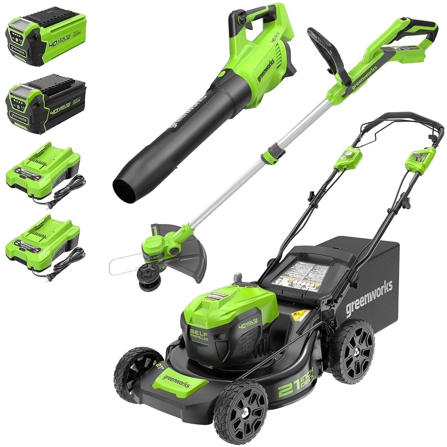 Greenworks 40V 21" Self-Propelled Lawn Mower,Axial Leaf Blower(500 CFM / 120 MPH),13" String Trimmer with 2 Batteries(5Ah+2Ah) & Chargers