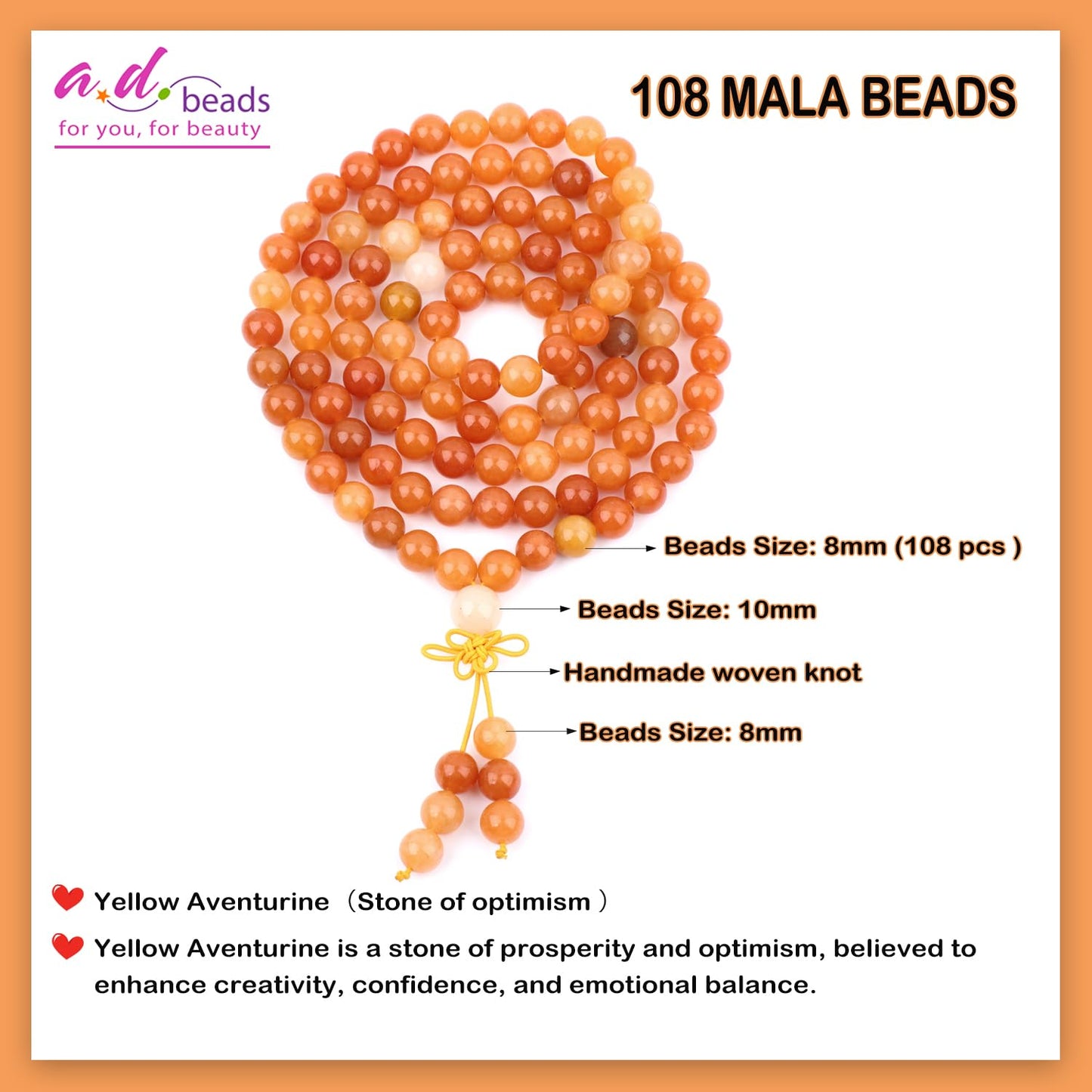 AD Beads 8mm 108 Prayer Mala Yellow Aventurine Elastic Bracelet - Optimism - Handmade Yoga Meditation Healing Power Energy Gifts for Unisex Adult.