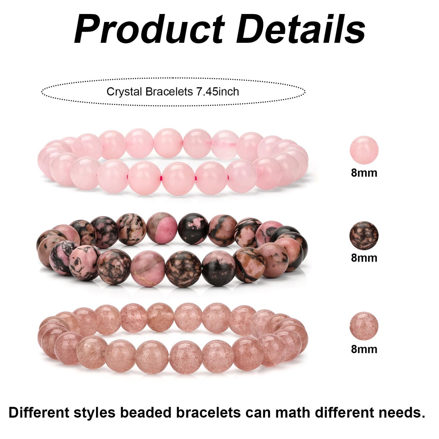 Vinswet Healing Crystal Bracelets for Women Men 8mm Rose Quartz Strawberry Rhodonite Natural Stone Beaded Stretch Bracelet Triple Protection Handmade Gemstone Reiki Spiritual Jewelry Gifts