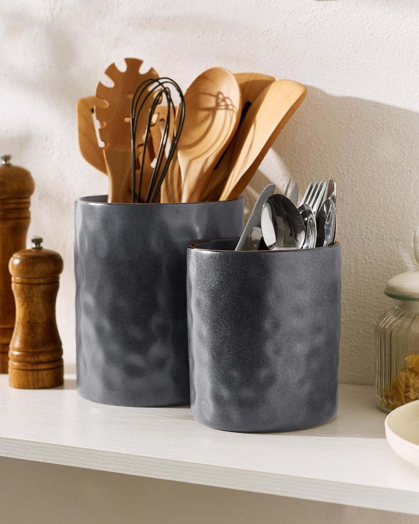 famiware Ocean Utensil Holder, 7.2"+5.8" Ceramic Kitchen Utensil Holder for Countertop, 2 Pieces Cooking Utensil Crocks, Utensil Organizer for Spatula & Spoon, Kitchen, Set of 2, Matte Dark Charcoal