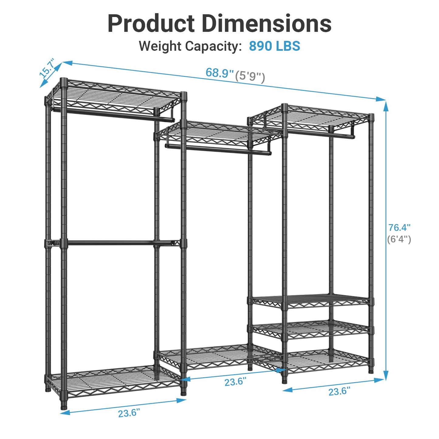 VIPEK V5 Heavy Duty Clothes Rack, Portable Closet Wardrobe with 4 Hanging Rods & 8 Shelves, Freestanding Adjustable Garment Rack for Bedroom, Walk-in Closet, 890 lbs Capacity, Black, 68.9" L