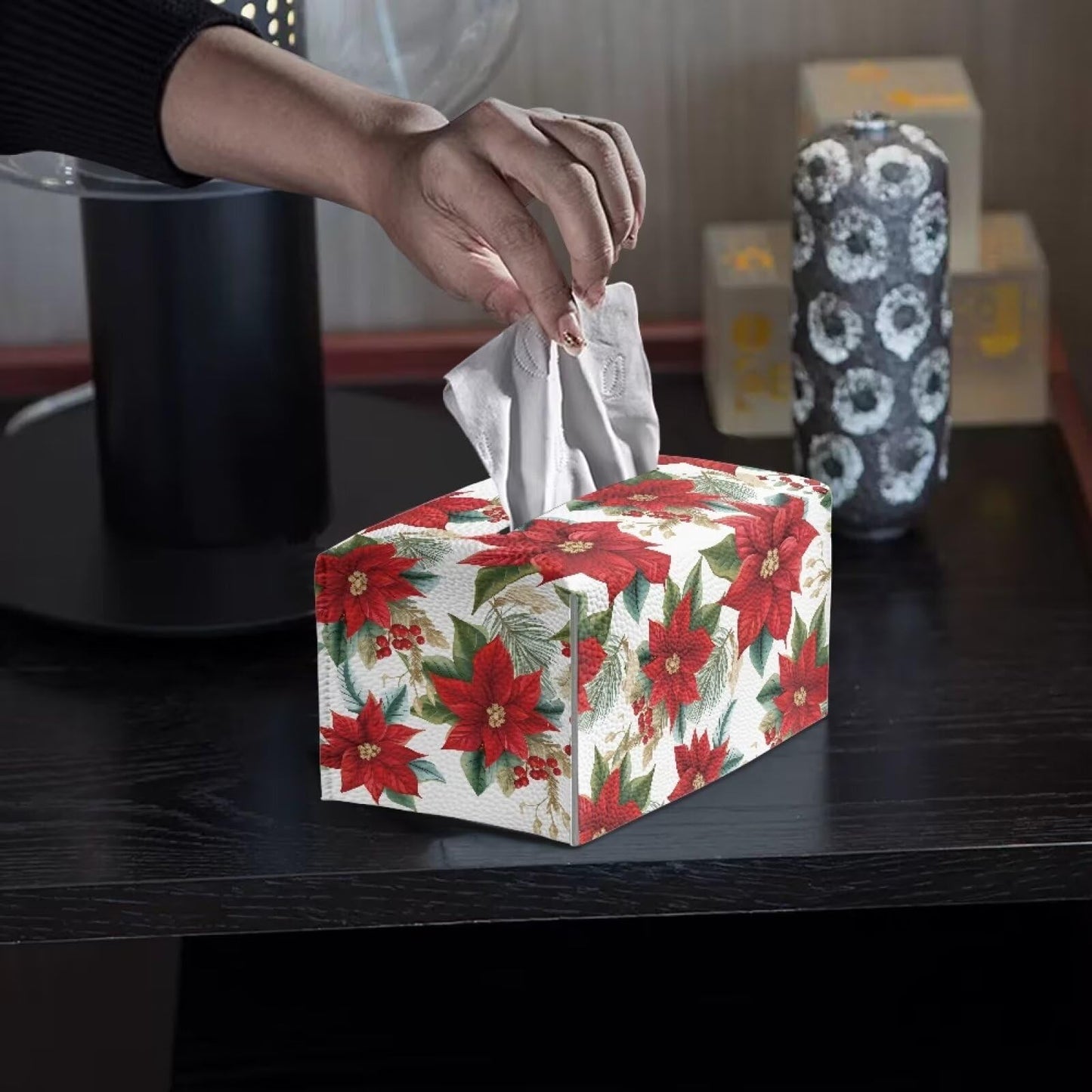 Viewamoon Christmas Floral Tissue Box Cover Rectangle Leather Soft Fabric Paper Holder Box Easy to Install 9x5x5 Cube Cover for Bathroom Deocration