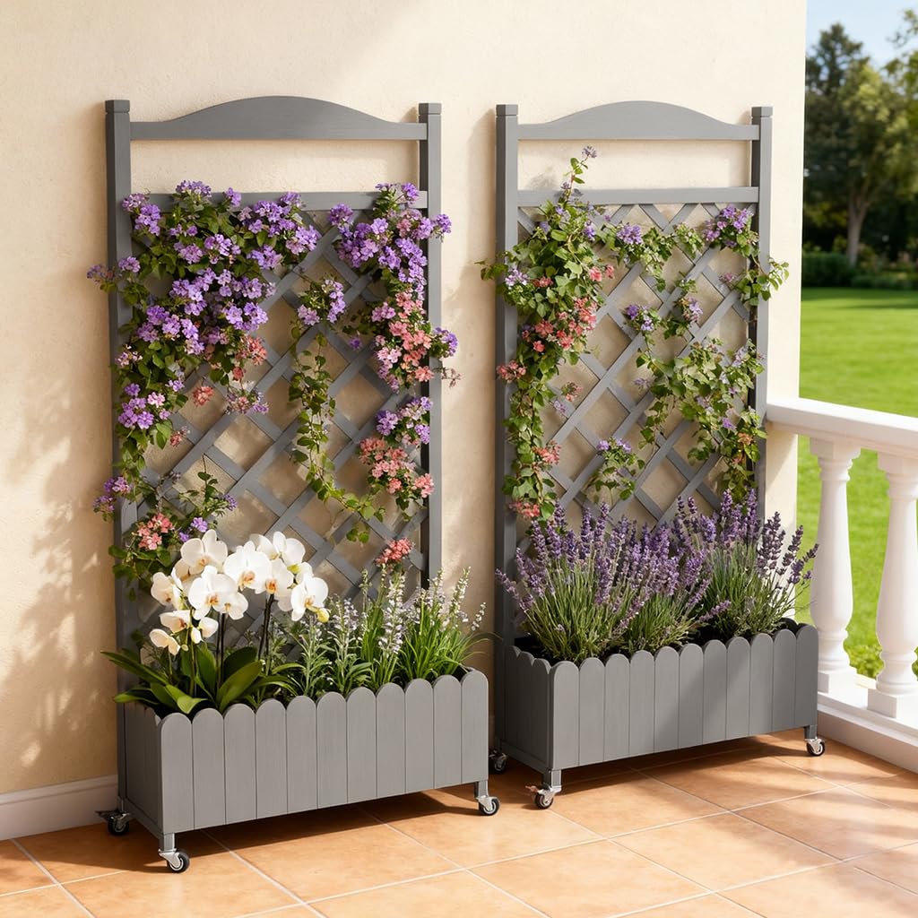 COMHOMA 2 Pack Raised Garden Bed with Trellis and Wheels,48Inch Elevated Planter Box with Drainage Holes,Lattice Privacy Screen for Climbing Plants Vegetables,Outdoor for Patio Balcony Yard,Gray