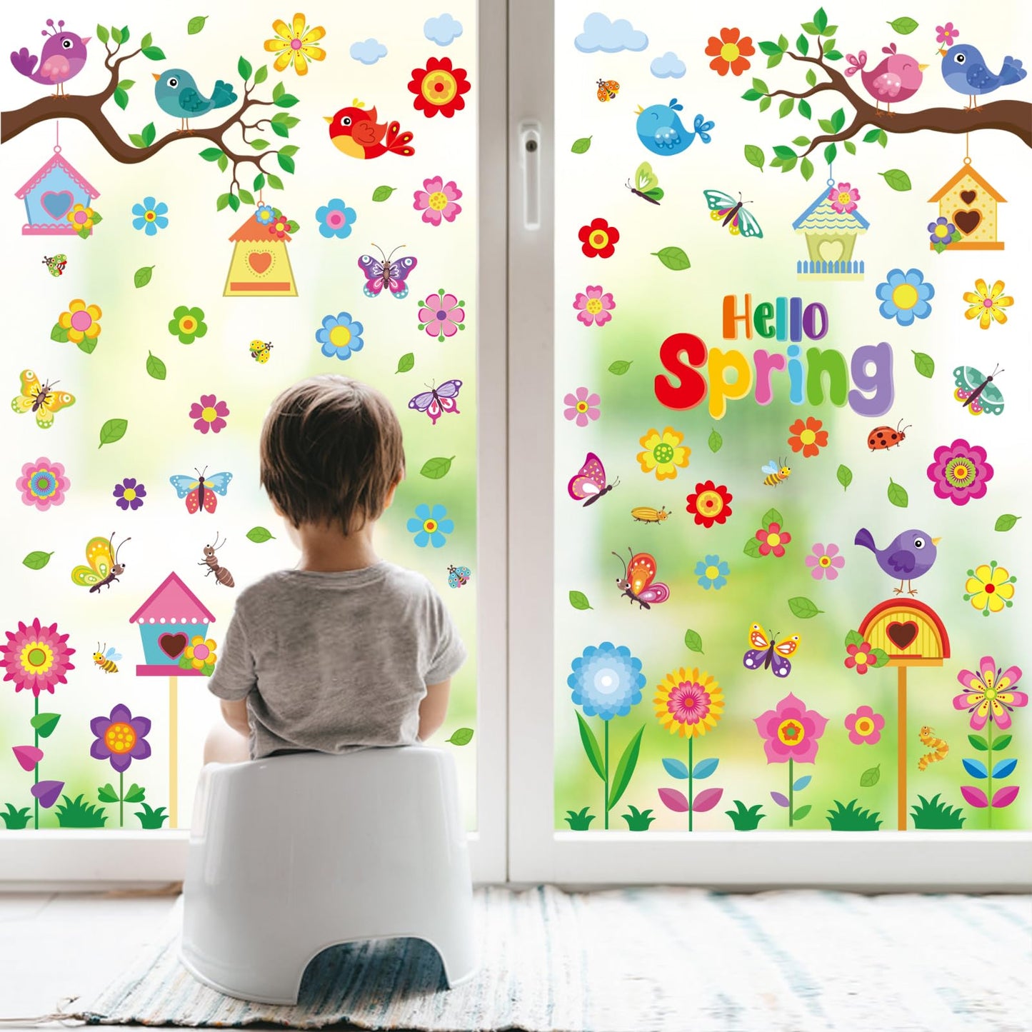 Vibrant Spring & Summer Window Clings - 9 Sheets 127PCS Removable & Double-Sided with Flowers Butterflies Birds Birdhouses - Window Stickers for Glass Windows Home Classroom Office Store Decorations