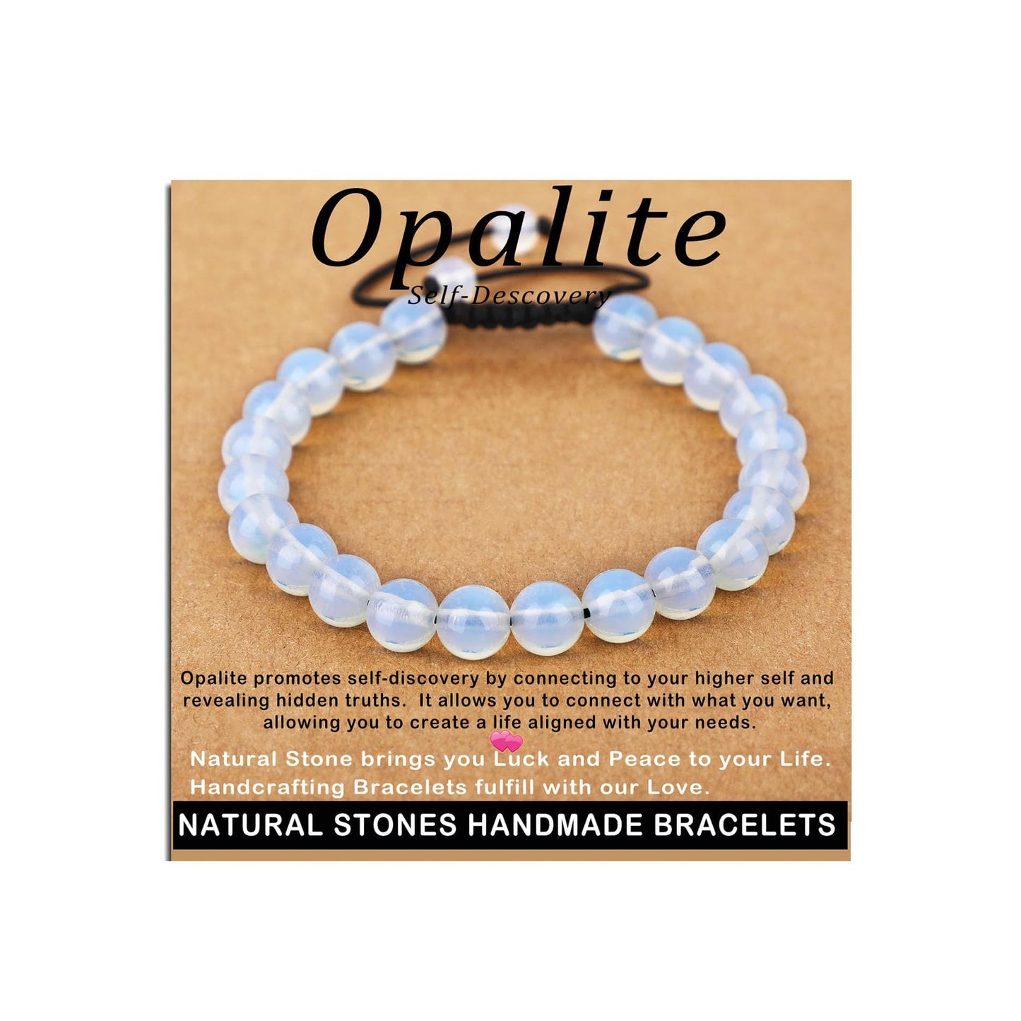 AD Beads 8mm Opalite - Self-Descovery - Handmade Natural Stone Crystal Bracelet with Adjustable Macrame String - Yoga Healing Power Energy Gifts for Men and Women