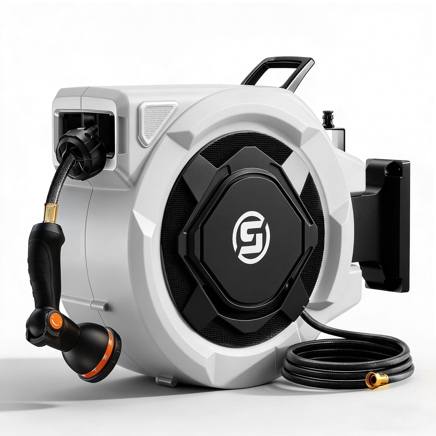 SUNPOW Retractable Garden Hose Reel - 1/2" x 100ft Wall Mounted Hose Reel with 3/4'' Brass Fitting & 10-Pattern Nozzle - Auto Slow Retraction, Any-Length Lock, 180°Swivel for Lawn & Gardening