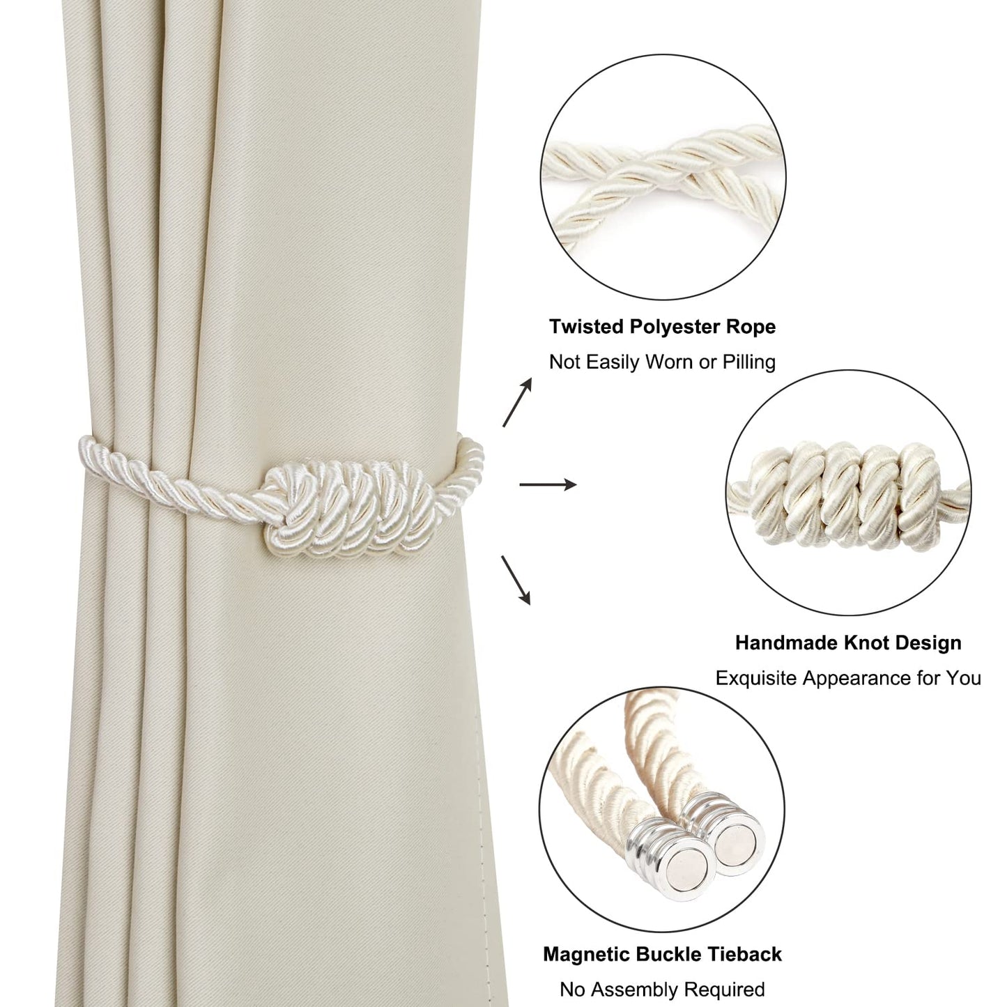 BEL AVENIR Magnetic Curtain Tiebacks, Decorative Drapery Holdbacks Modern Woven Tie-Backs with Exquisite Knot (Beige, 2 Pack)