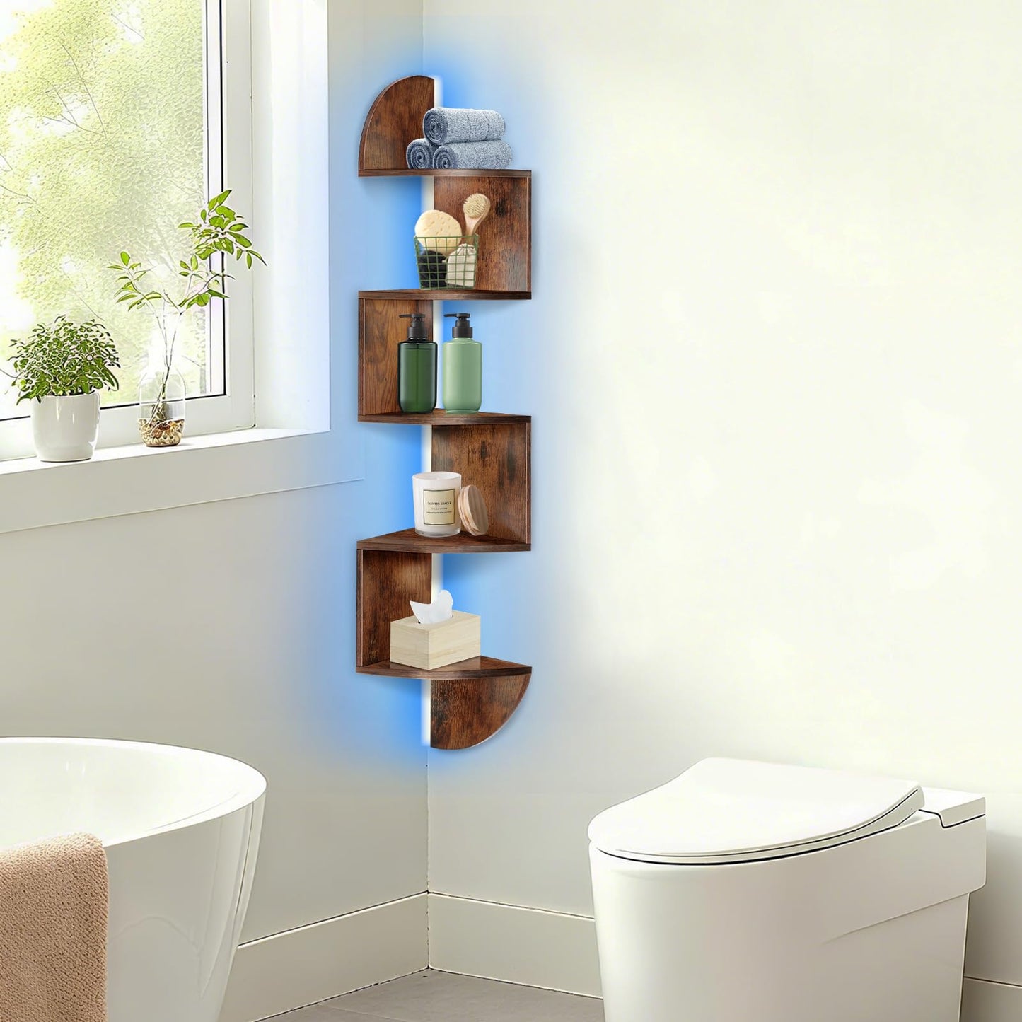jasenlove Corner Shelf, 5 Tier Corner Shelf Wall Mounted with Light, Corner Floating Shelves, Corner Bookshelf Stand for Bedroom, Bathroom, Living Room, Kitchen, Home (Rustic Brown)