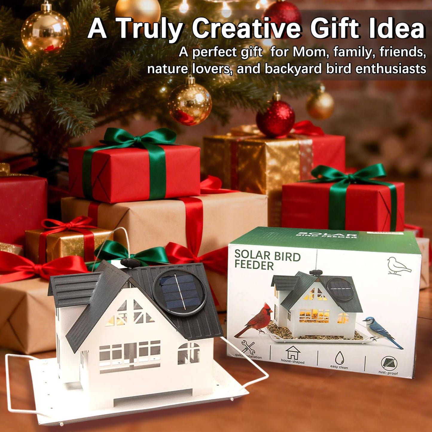 Solar Bird Feeders for Outdoors Hanging, Heavy-Duty Metal Birdfeeders Outside Hanging with Solar Lights, Wild Bird Feeders for Garden Decor, Unique Gifts for Bird Lovers, Mom and Grandma